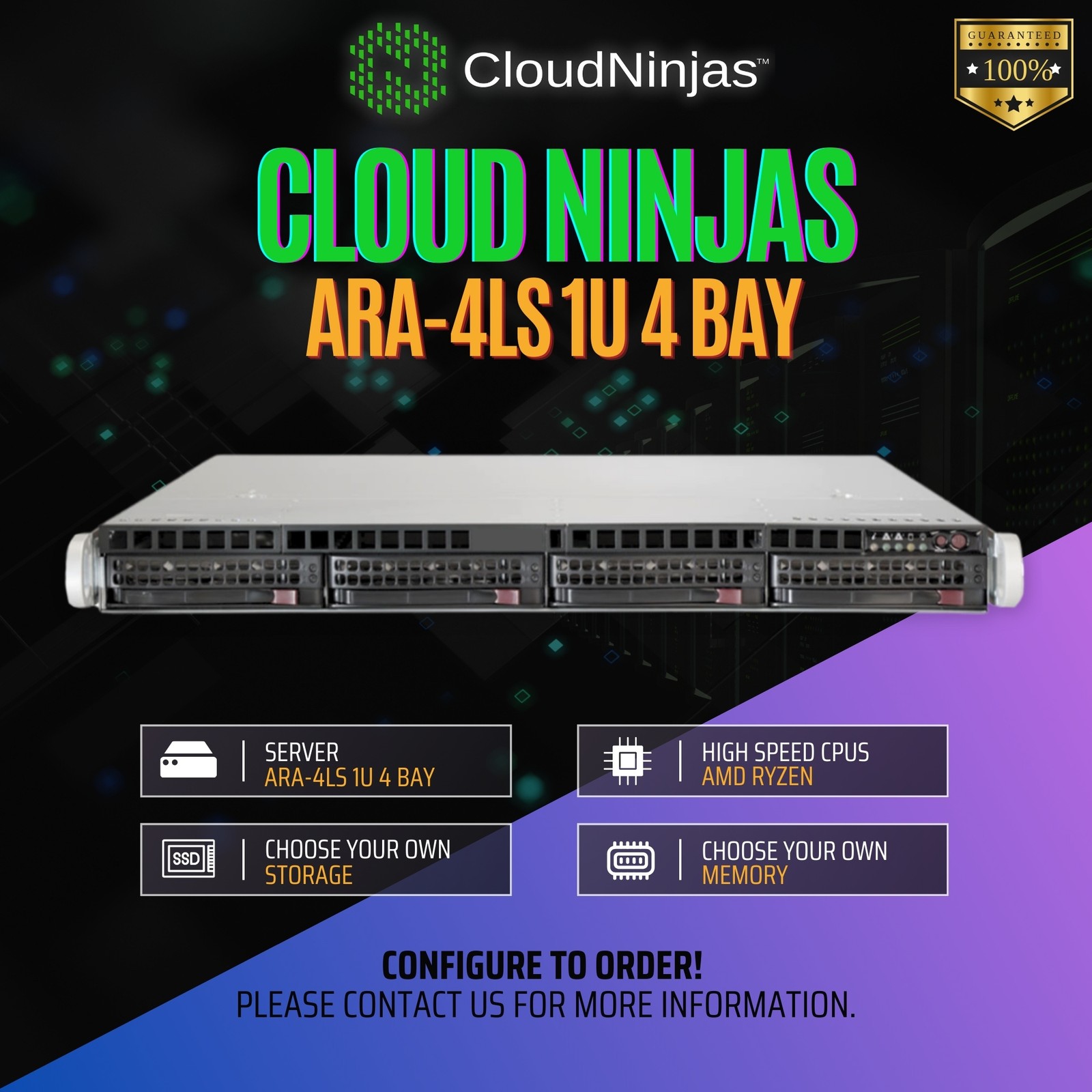 Cloud Ninjas ARA-4LS 1U 4 Bay Server AMD Ryzen 9 9950x 16 Core DDR5 ECC M.2 NVMe