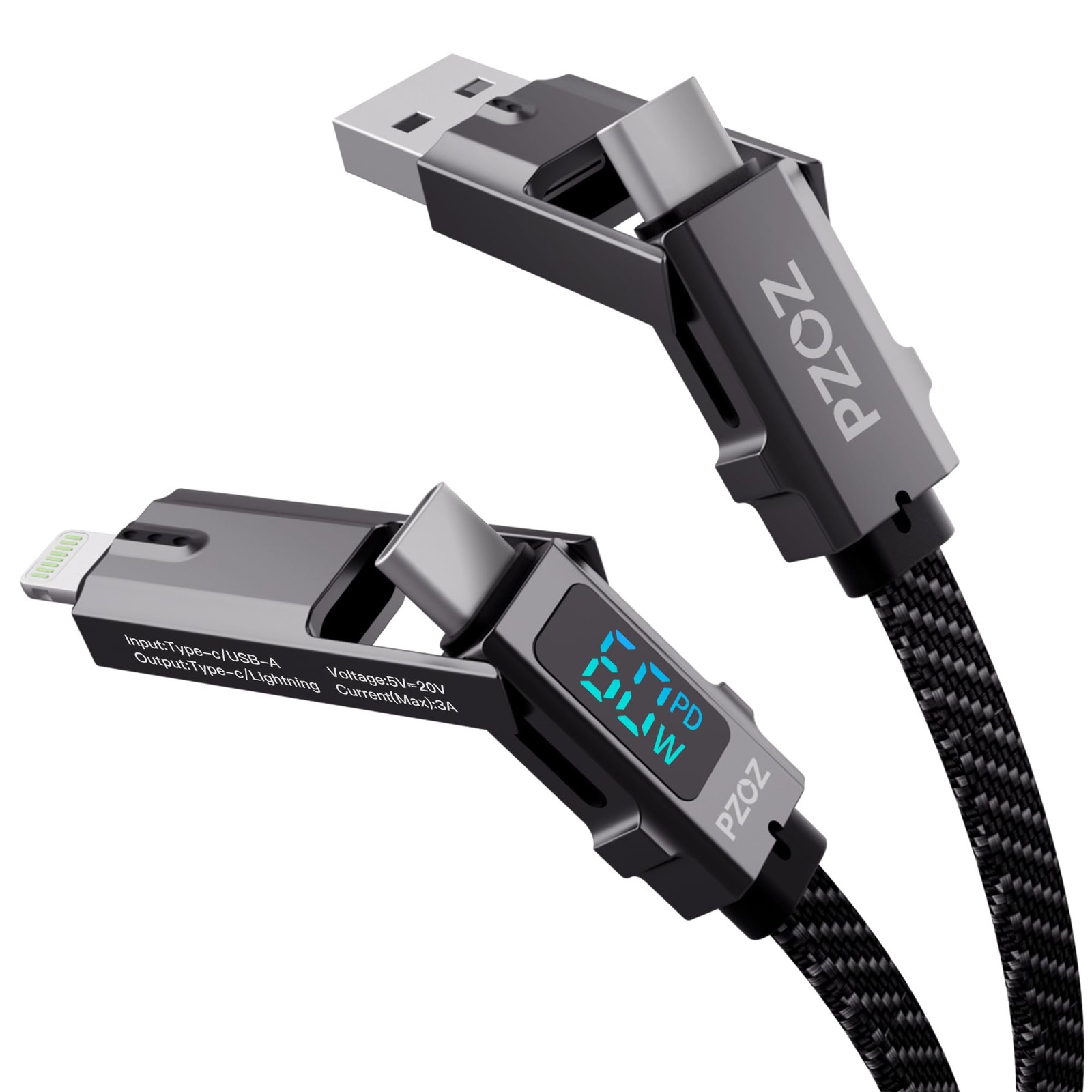 pzoz 4-in-1 Multi Charging Cable with LED Display, 60W PD Fast 5 ft