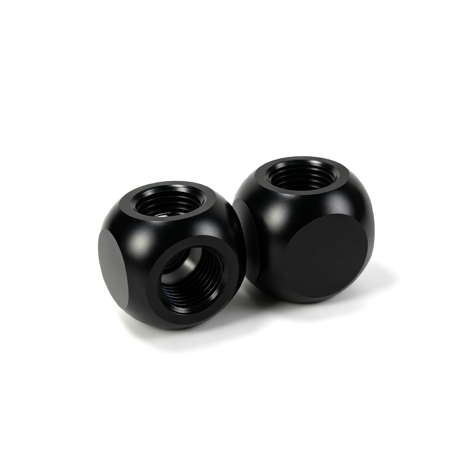 Two black spherical three-way water-cooling components, shipped from the United