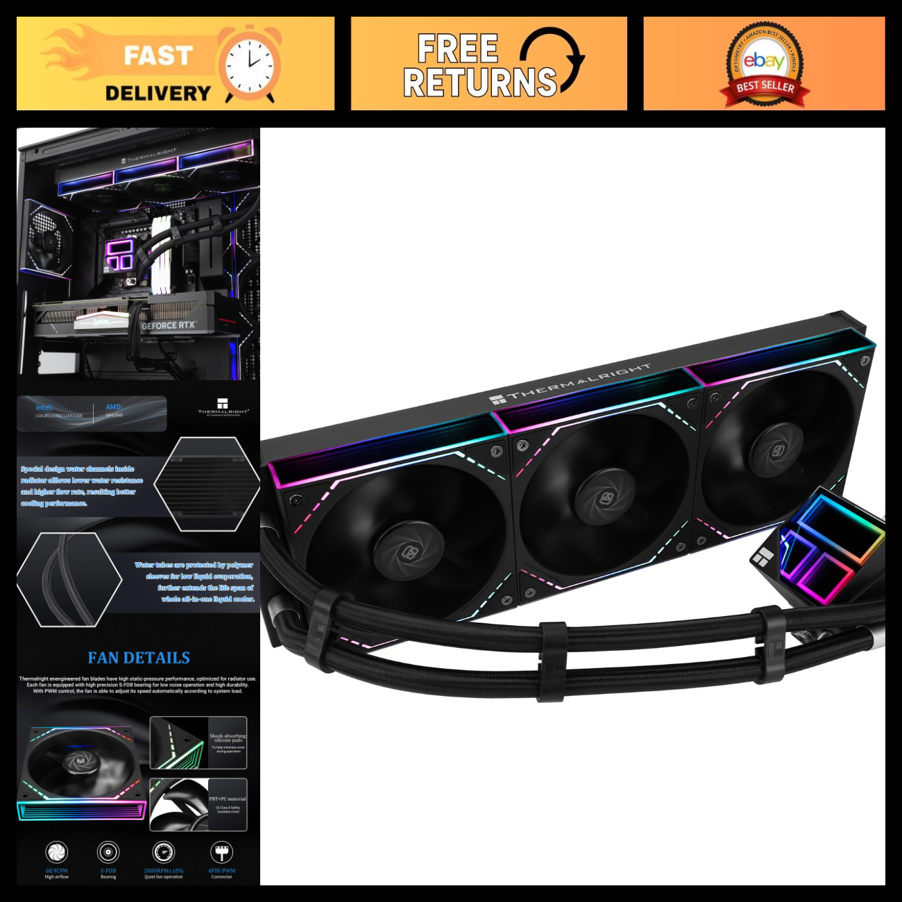 360mm AIO CPU Water Cooler, Triple PWM Fans, Infinity Mirror for AMD/Intel