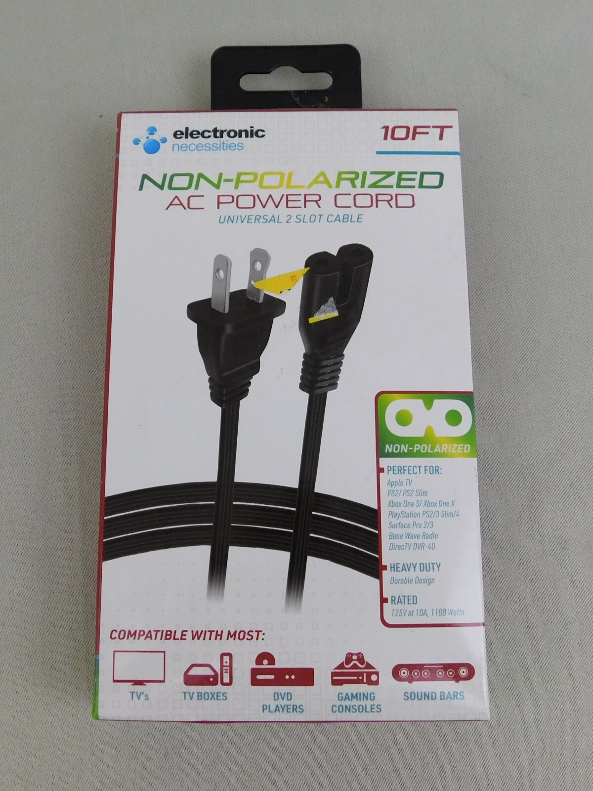10-Foot Universal Non-Polarized AC Power Cord 2 Slot Replacement Cable #2558