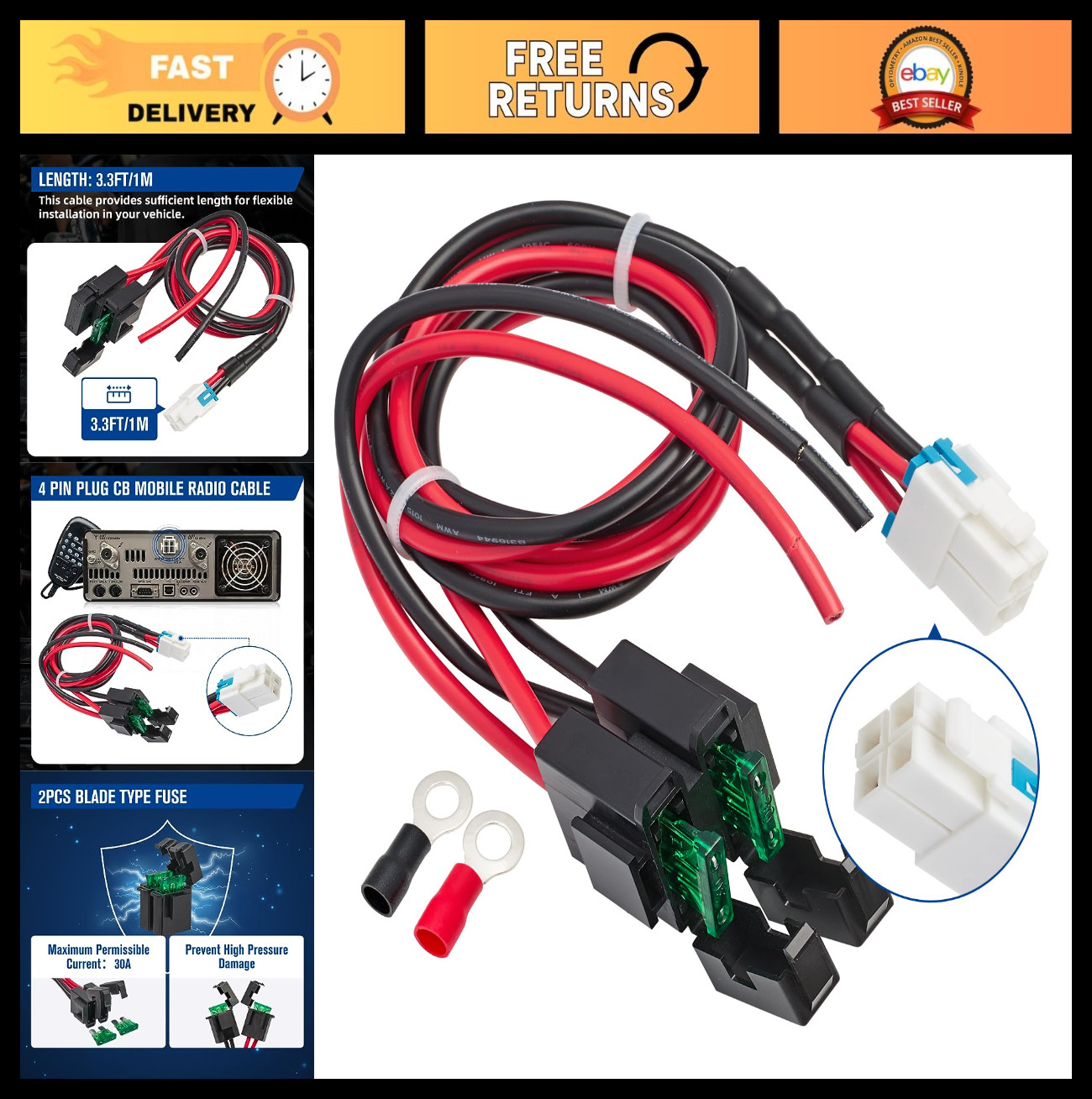 12AWG 4 Pin DC Power Cord Cable 1M with 30A Fuse for Yaesu Kenwood Icom Alinco C