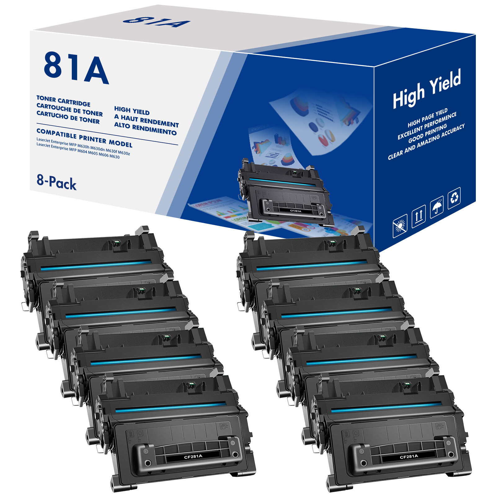 8 PK CF281A Black Toner Compatible For HP 81A LaserJet Enterprise M605n M606x