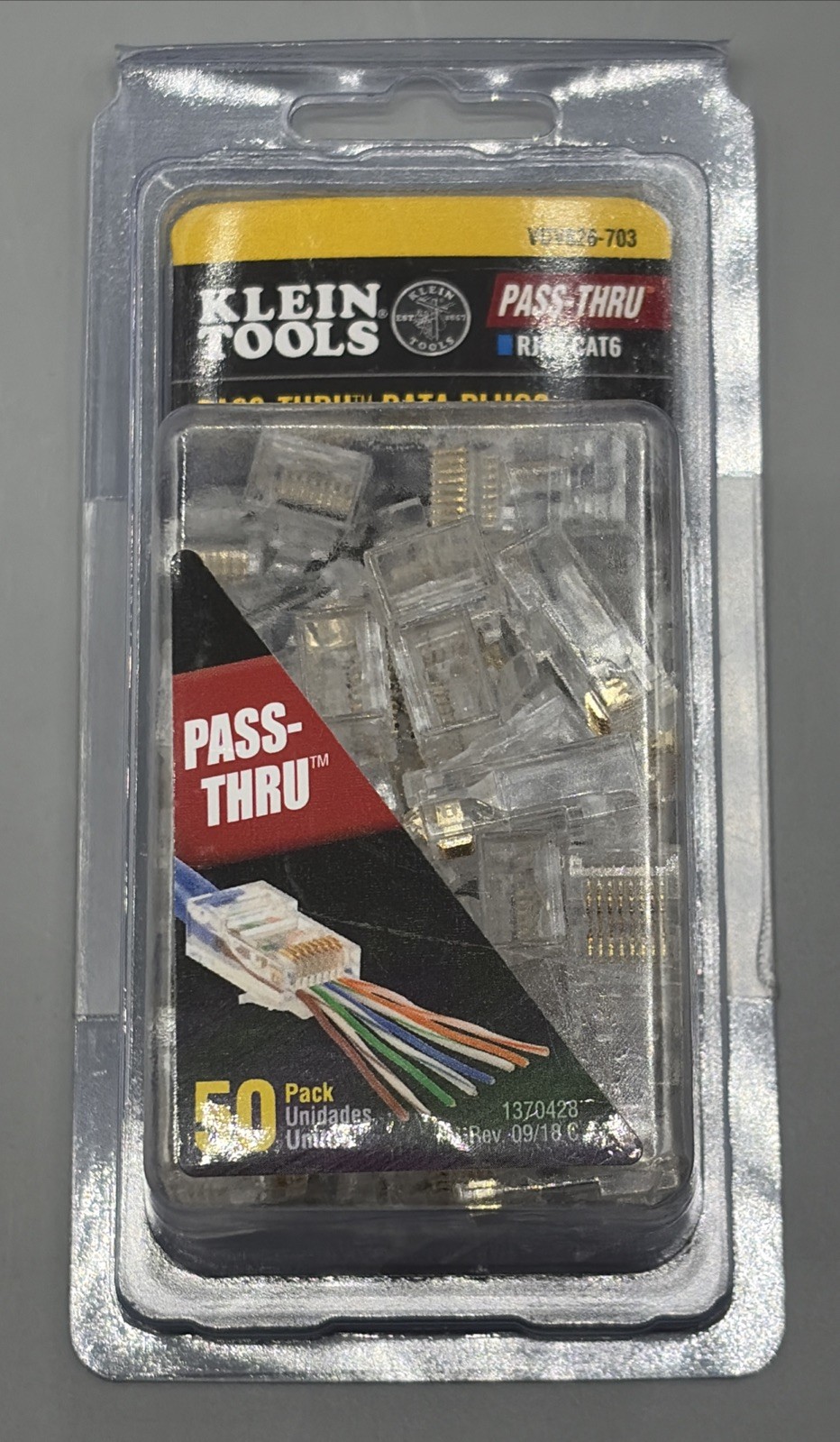 Klein Tools VDV826-703 Pass-Thru Modular Data Plug RJ45 Cat6 50-Pack Connectors