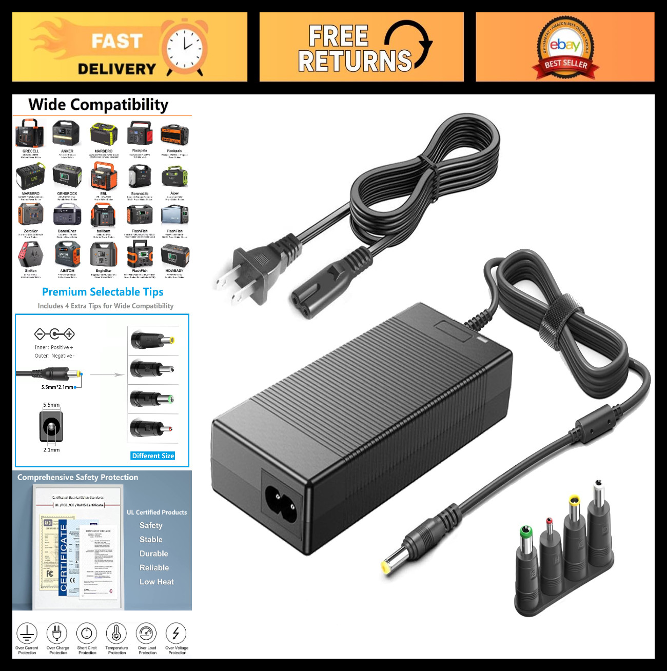 15V 60W AC Adapter Charger for Portable Power Stations - Compatible with 50W-300