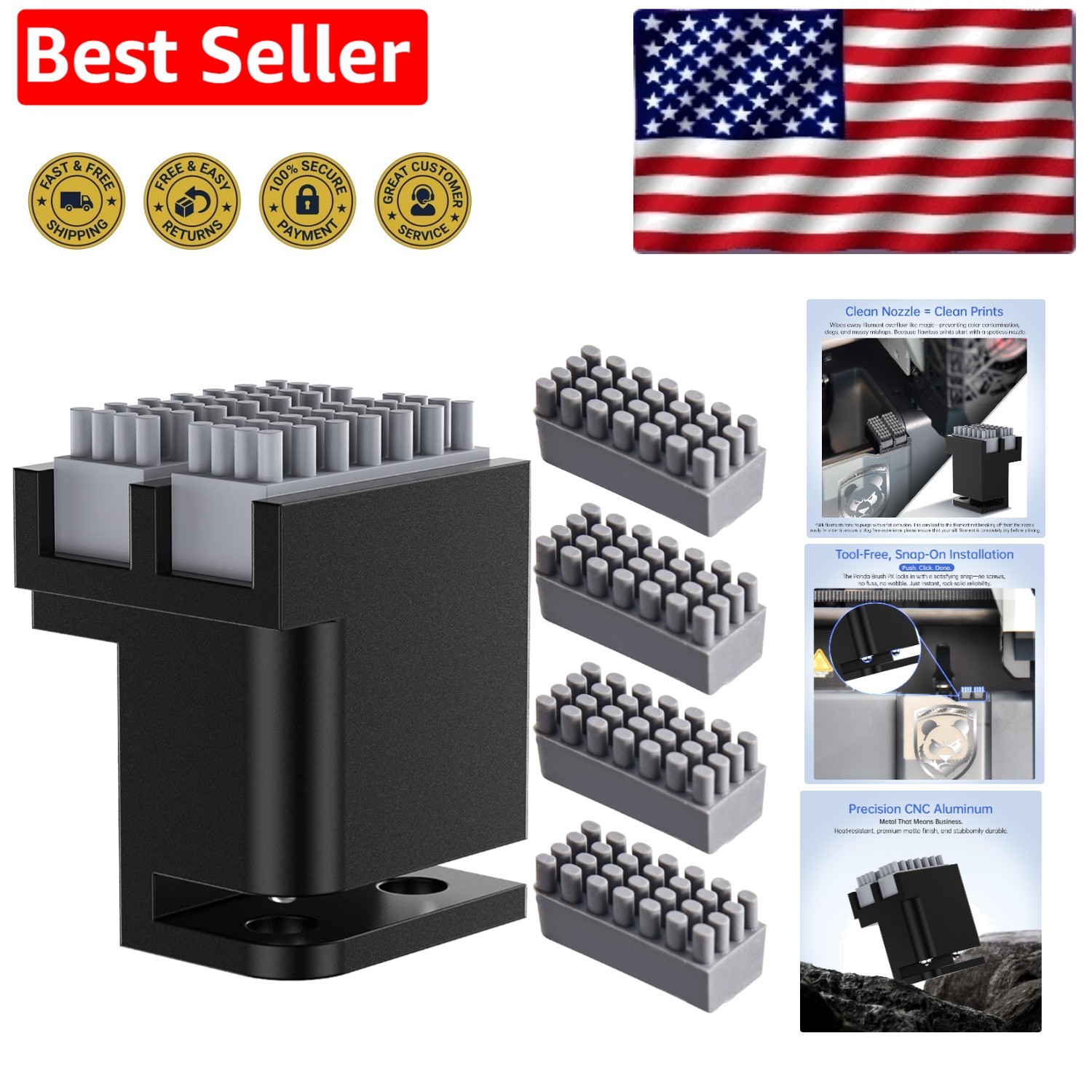 Panda Nozzle Brush & 4 Silicone Brushes for Bambu-Lab 3D Printers - Perfect C...
