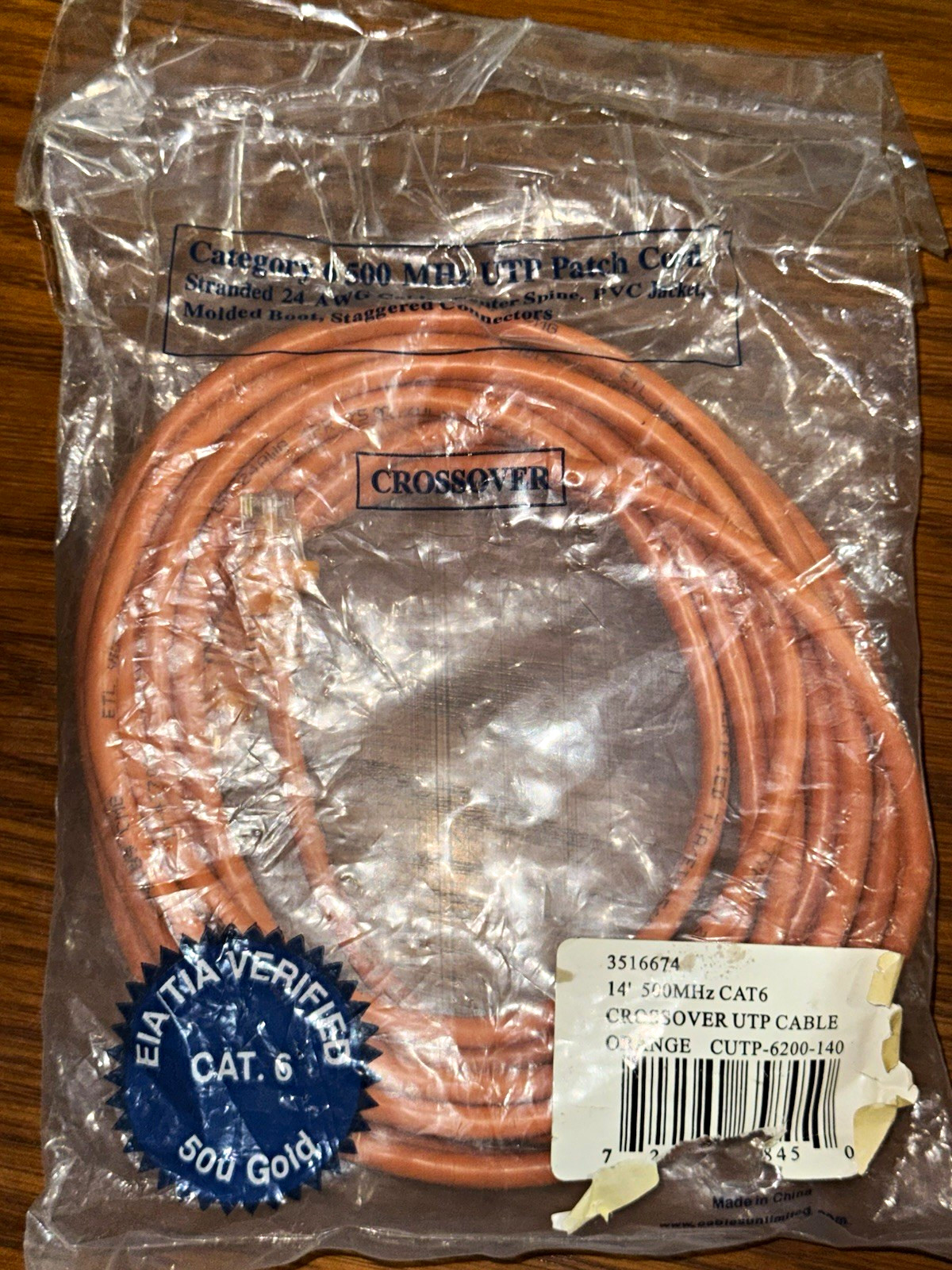 Cat 6 RJ45 Ethernet Crossover UTP Round Cable, Orange, 14 ft