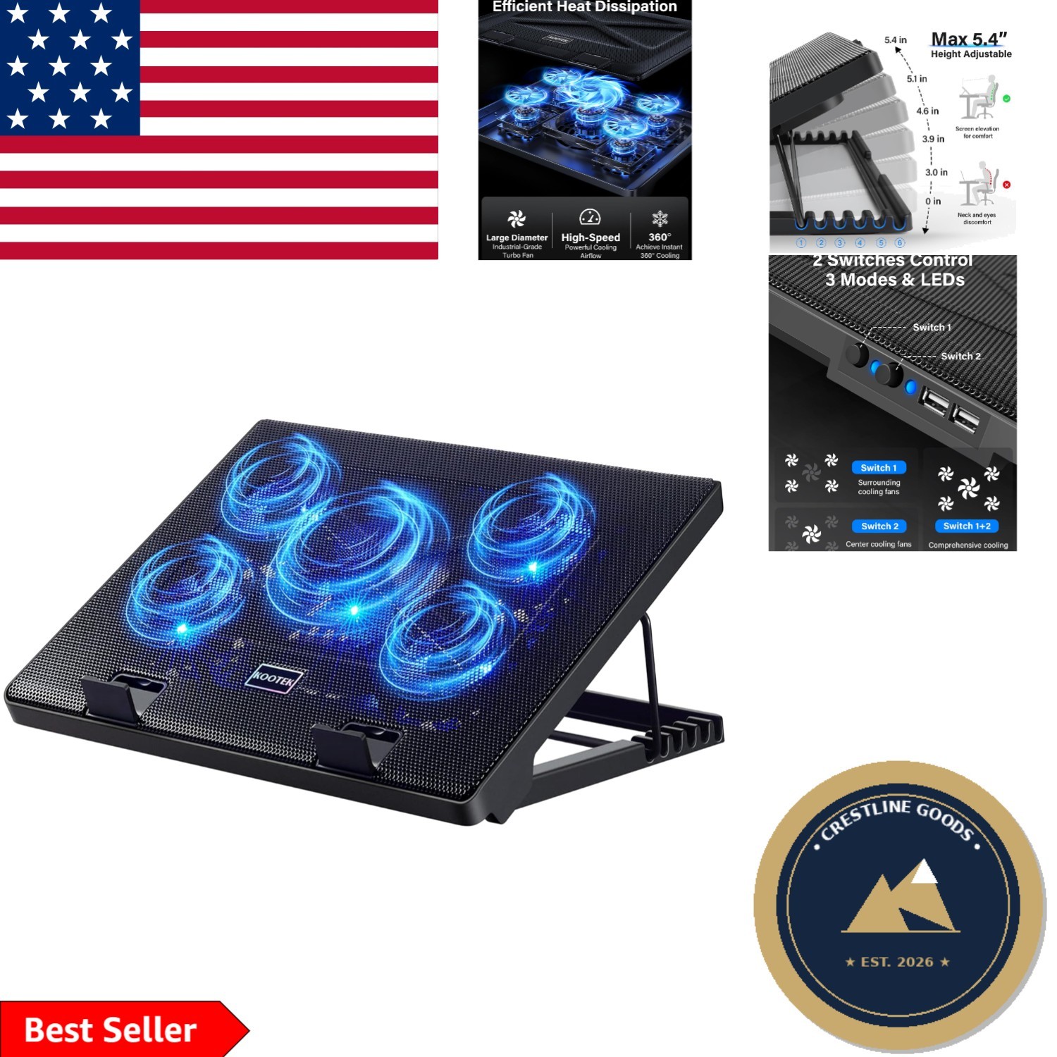 High-Performance Laptop Cooling Pad with 5 Quiet Fans & 360° Coverage, Blue LED
