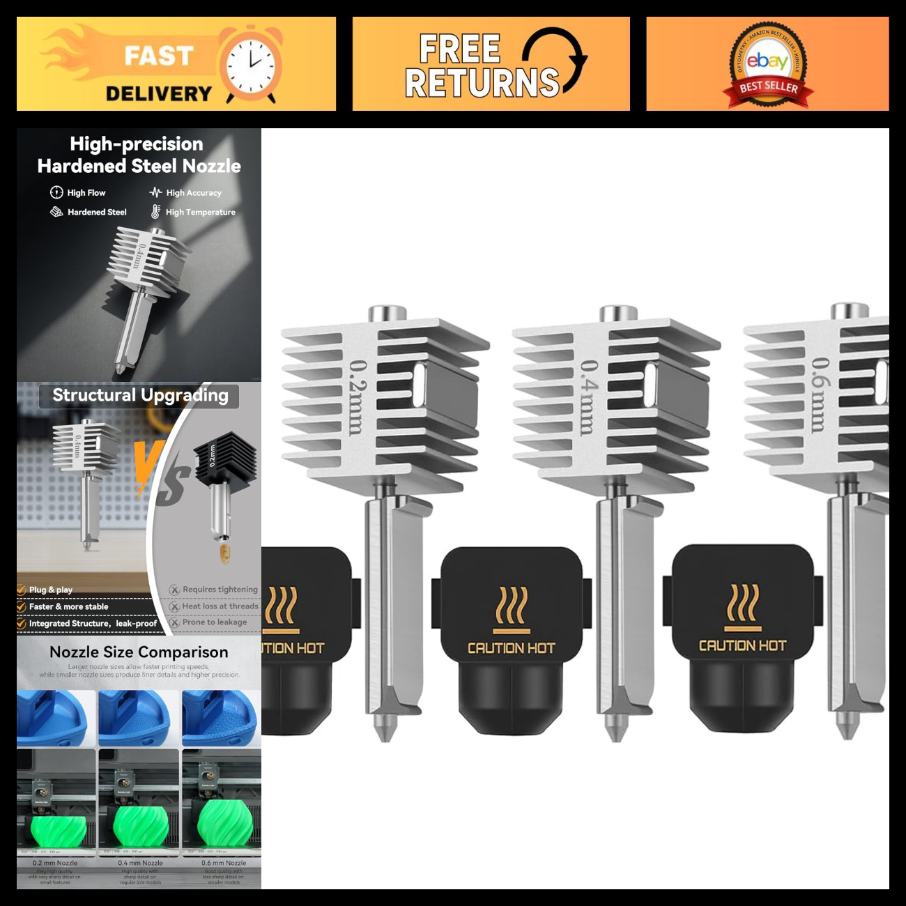 3PCS Mini Quick-Swap Hotend Hardened Steel Nozzles 0.2mm 0.4mm 0.6mm for 3D Prin