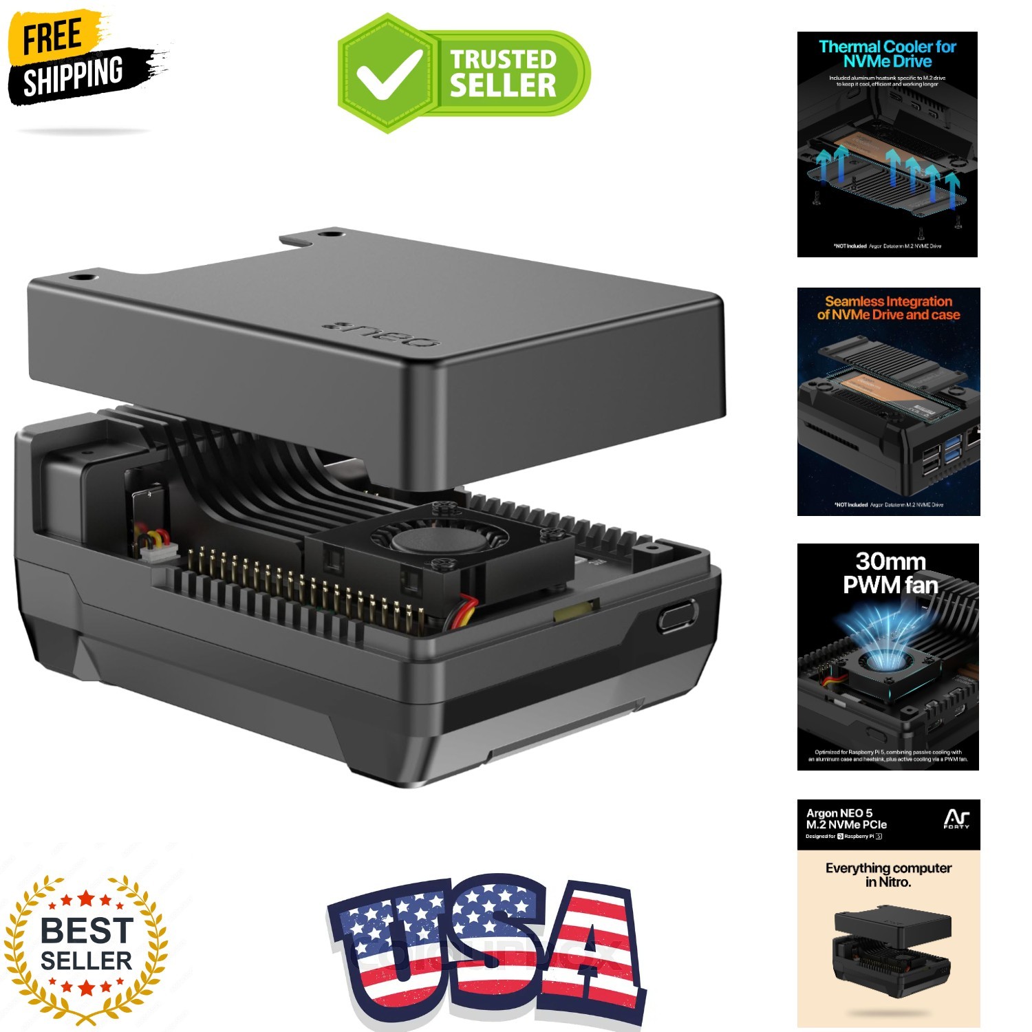 Argon NEO 5 M.2 NVMe Case for Raspberry Pi 5 - Aluminum, Active Cooling