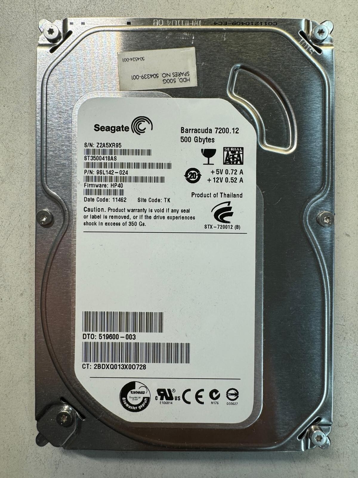 SEAGATE ST3500418AS 9SL142-024 500GB Firmware HP40 Code 11462 SATA 3.5" HDD