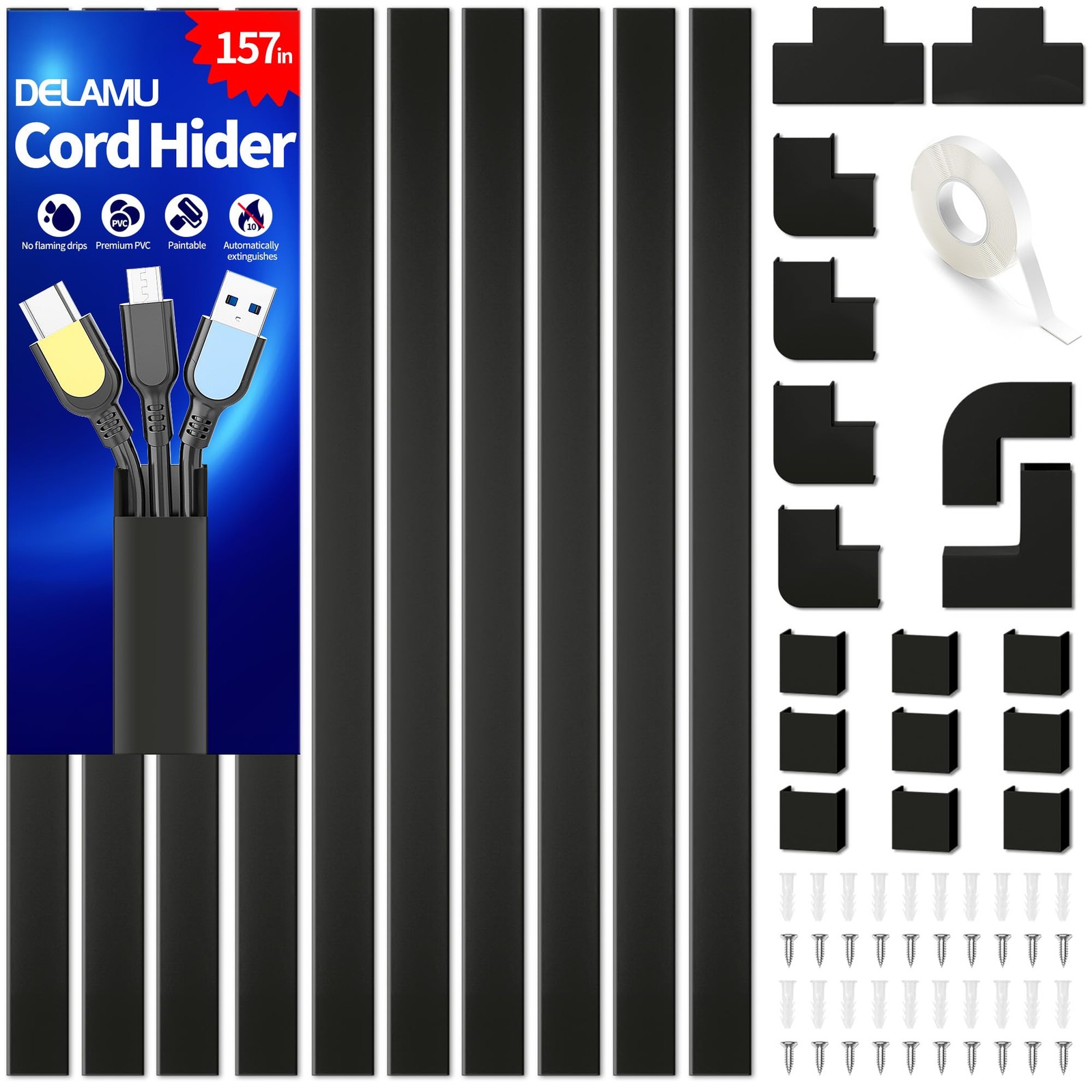 Delamu Cable Hider 157in Raceway 10XL15.7 W0.95 H0.55in Black
