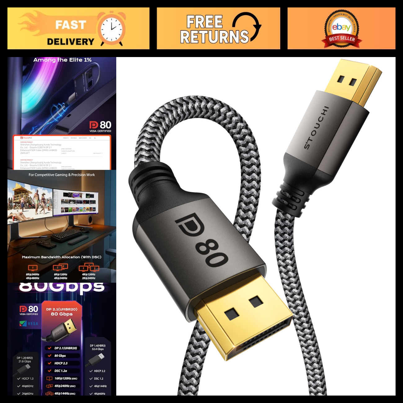 15FT DisplayPort 2.1 Cable, 80Gbps UHBR20, High-Speed Gaming Cord, 4K/8K Ready
