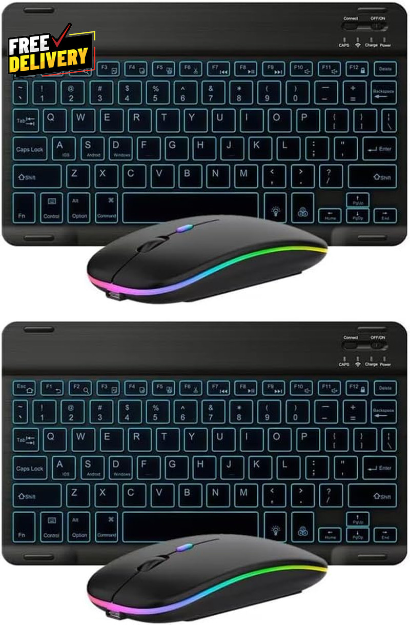 2-Pack Ultra-Slim Bluetooth Keyboard Mouse Set Backlit Rechargeable Universal