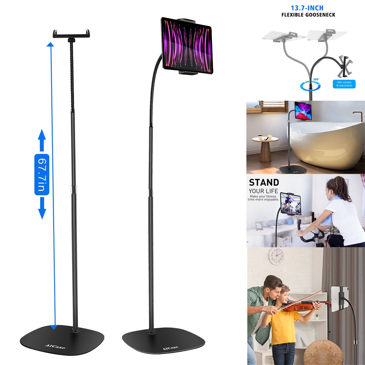 Aluminum Adjust Gooseneck Floor Stand Mount for iPad Pro Tablet CellPhone Holder