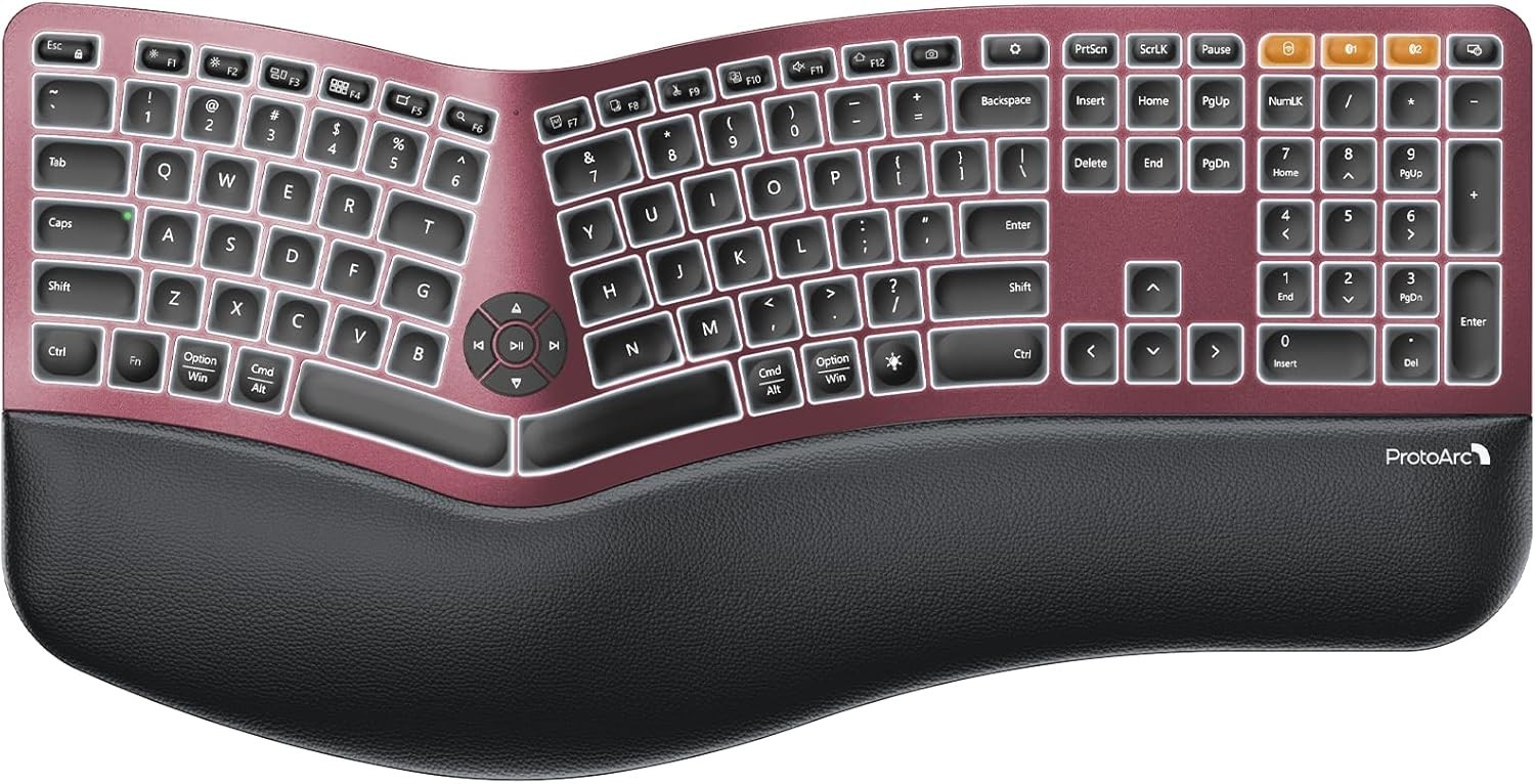 ProtoArc Backlit Bluetooth Ergonomic Keyboard, EK01 Plus Full Size - Wine Red