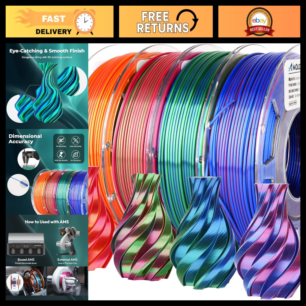 Shiny Dual Color 3D Printer Filament Bundle, 1.75mm Multi-Color Change, 4 Spools