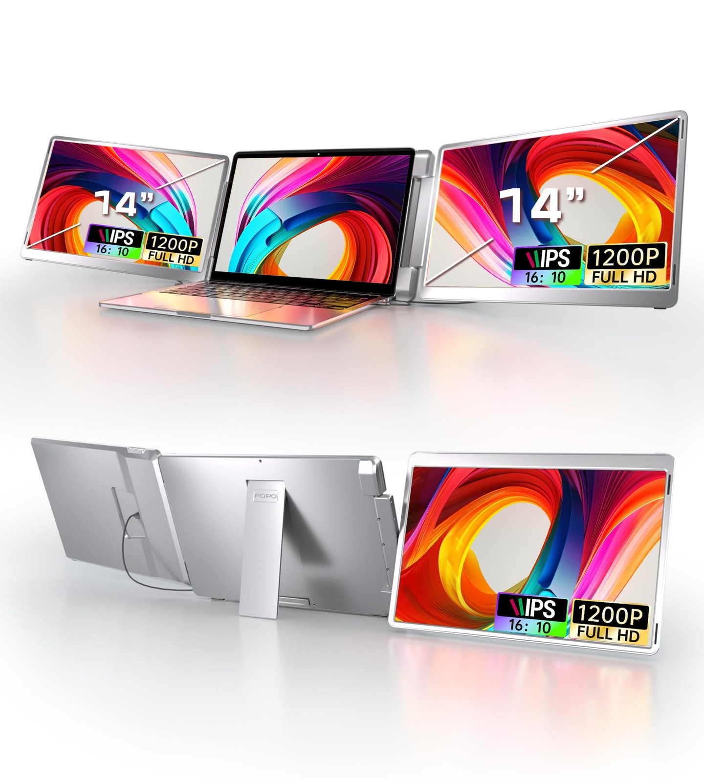 FOPO 14" Triple Monitor Laptop Screen Extender, FHD 1200P 16:10 14", Grey