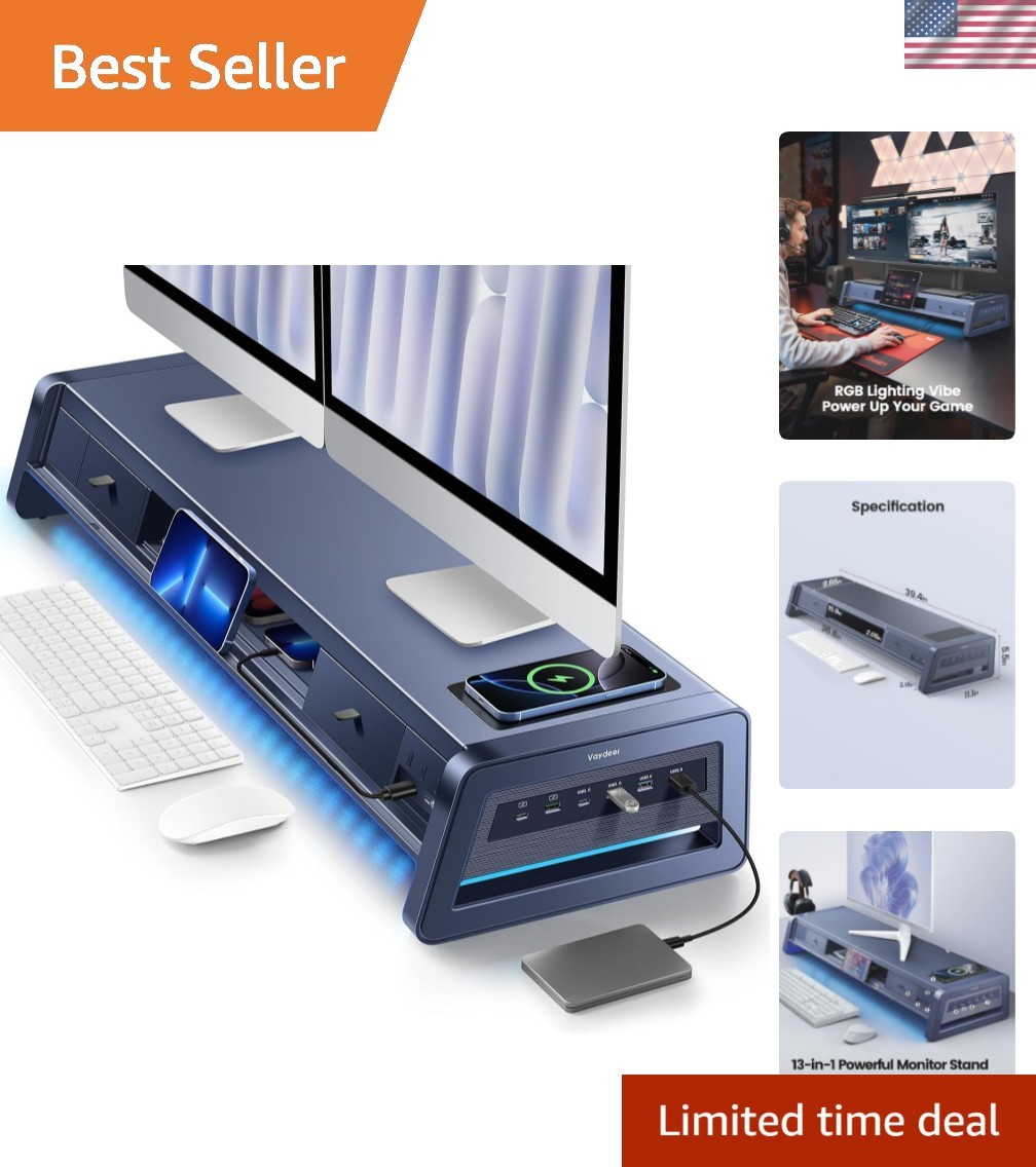 All-in-One Dual Monitor Stand Riser with 2 Drawers, 8USB Ports and Wireless C...