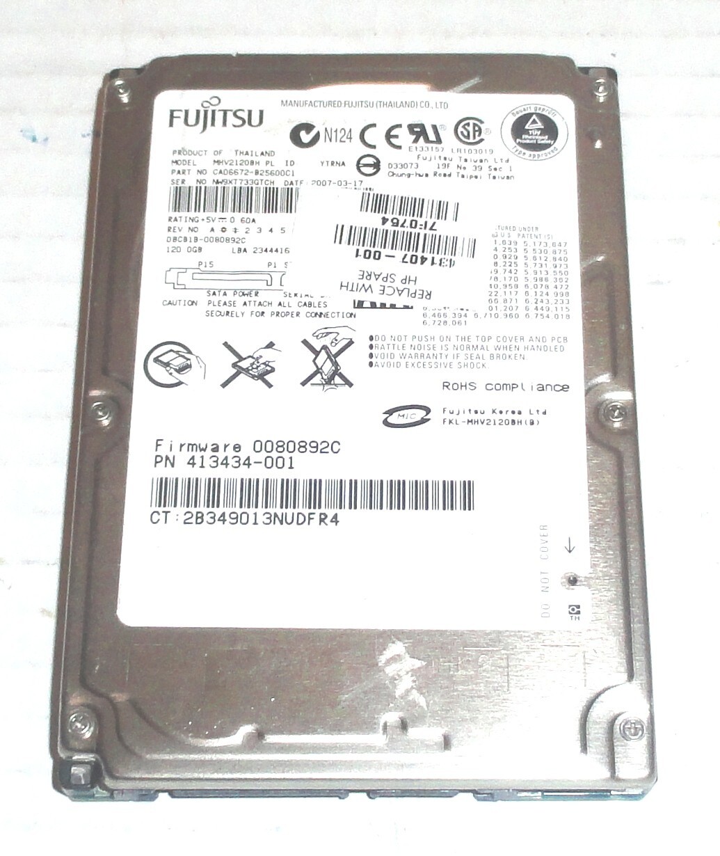 Fujitsu MHV2120BH PL 120GB Sata Hard Drive P/N: CA06672-B25600C1  F/W: 0080892C