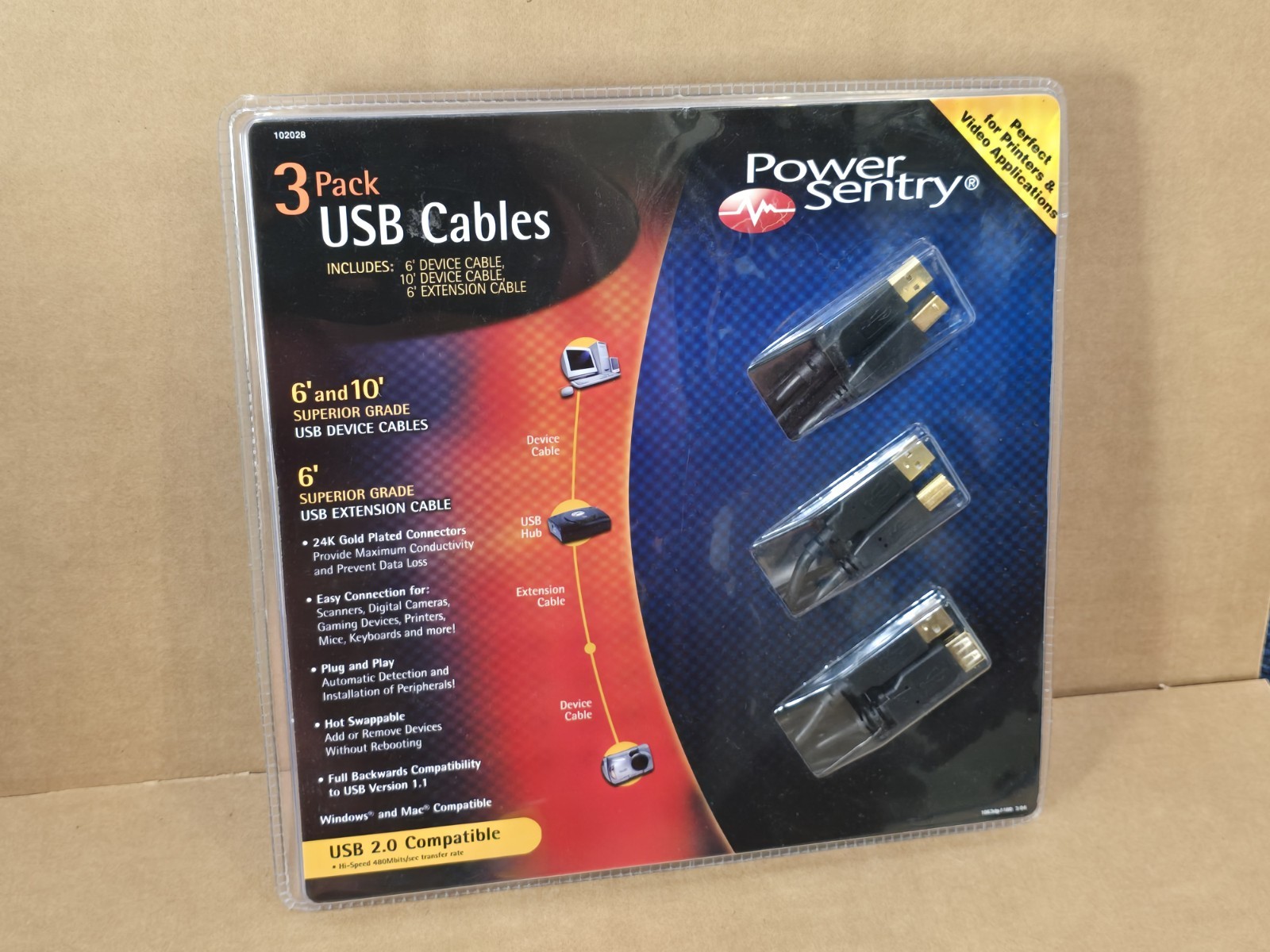 New Sealed Power Sentry 3 Pack USB Device Printer Cables 102028 New