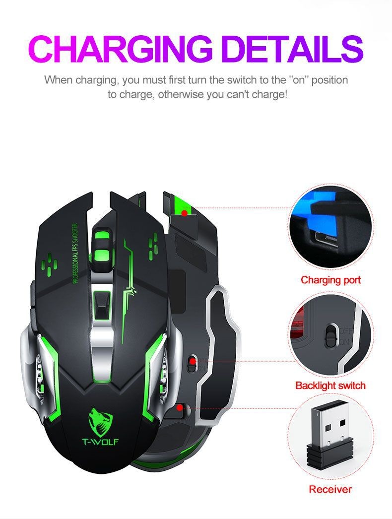 Thunder Wolf Q13 Charging Mute Wireless Mouse Gaming Business Luminous Mech ICFA