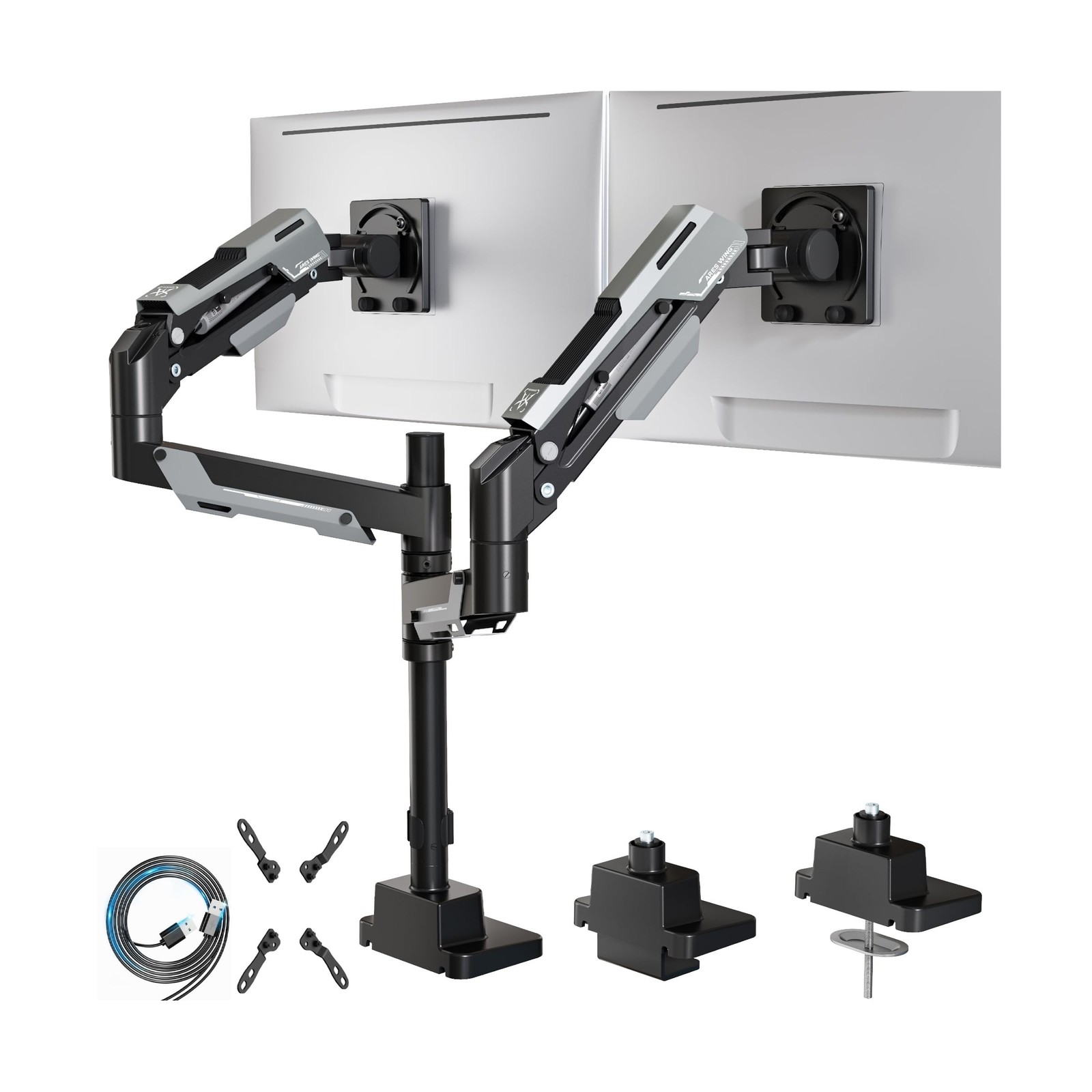 ARES WING Dual Monitor Mount, Adjustable Stacked Monitor Stand with USB A/C, ...