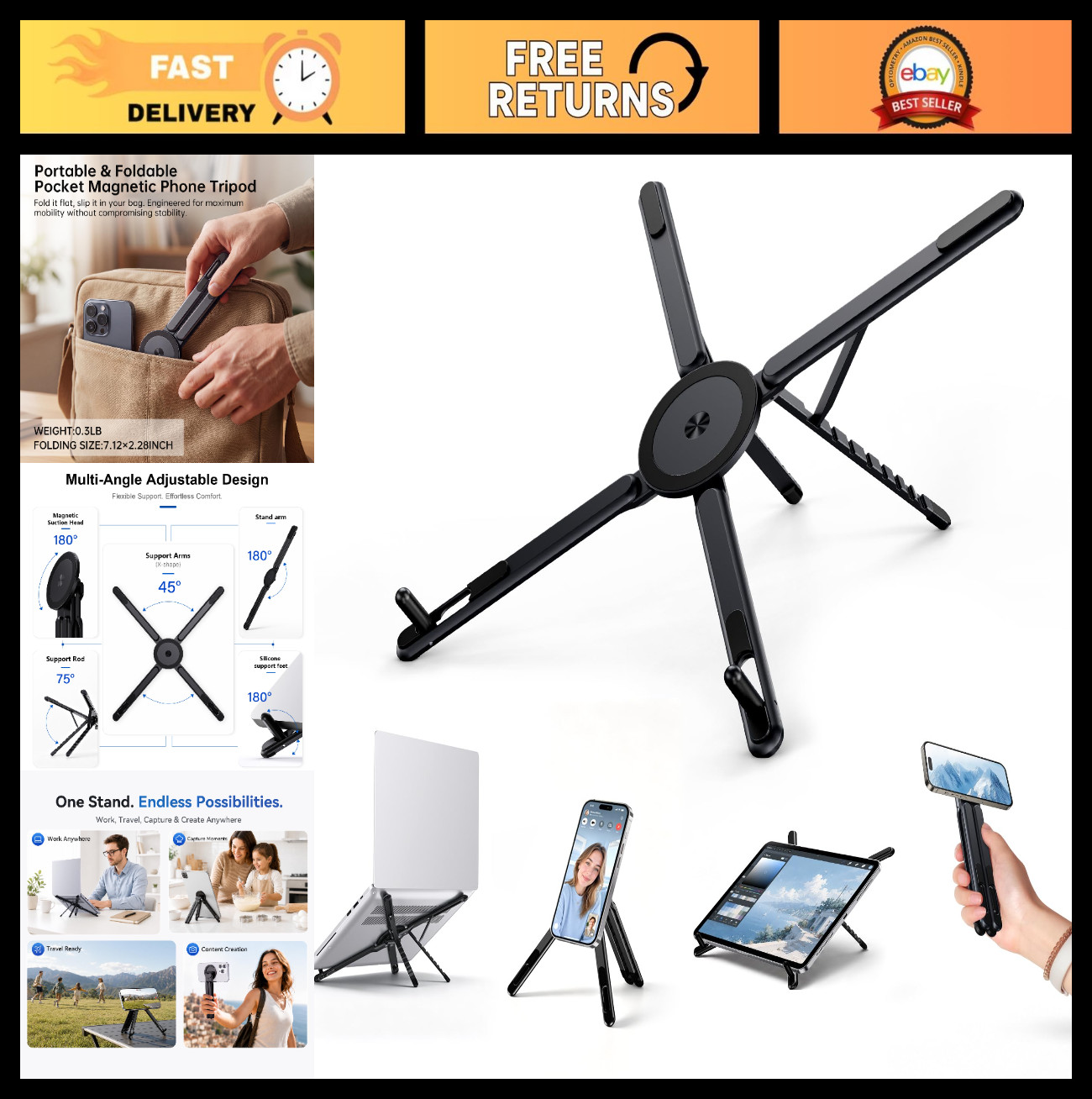 Adjustable Portable Laptop Stand, 3-in-1 Foldable Desk Mount, Ergonomic Black