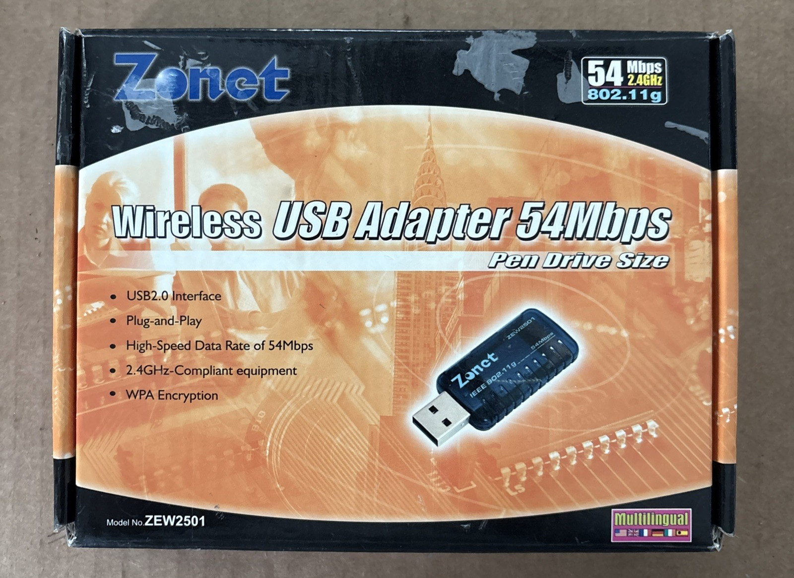Zonet Wireless USB Adapter 54Mbps 2.4GHz ZEW2501 WPA Encryption w/manual and CD