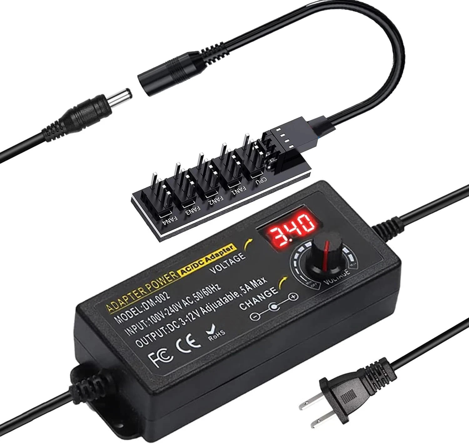 60W Adjustable PC Fan Power Supply with 5-Way Splitter and Speed Controller 