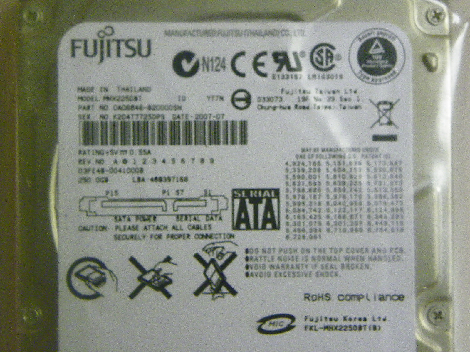 Fujitsu MHX2250BT P/N:CA06846-B520000SN Laptop 2.5" 250GB SATA Hard Drive 