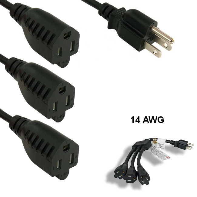 Kentek 36 inch 3' 14 AWG Power Splitter Cable NEMA5-15P to 3X 5-15R 15A/125V SJT