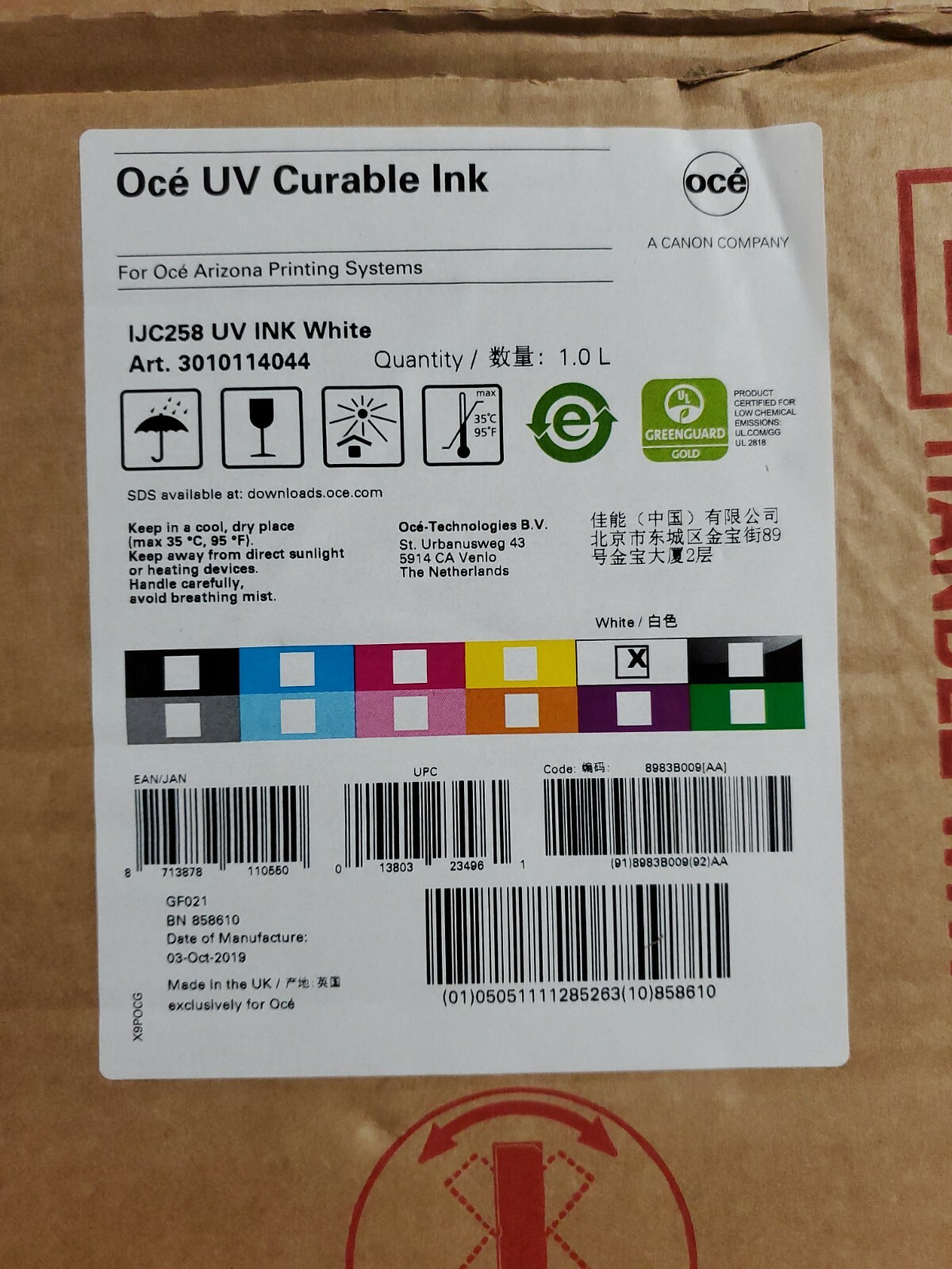 OCE UV CURABLE INK IJC258 White 3010114044 For Oce Arizona Printing Systems 1.0L