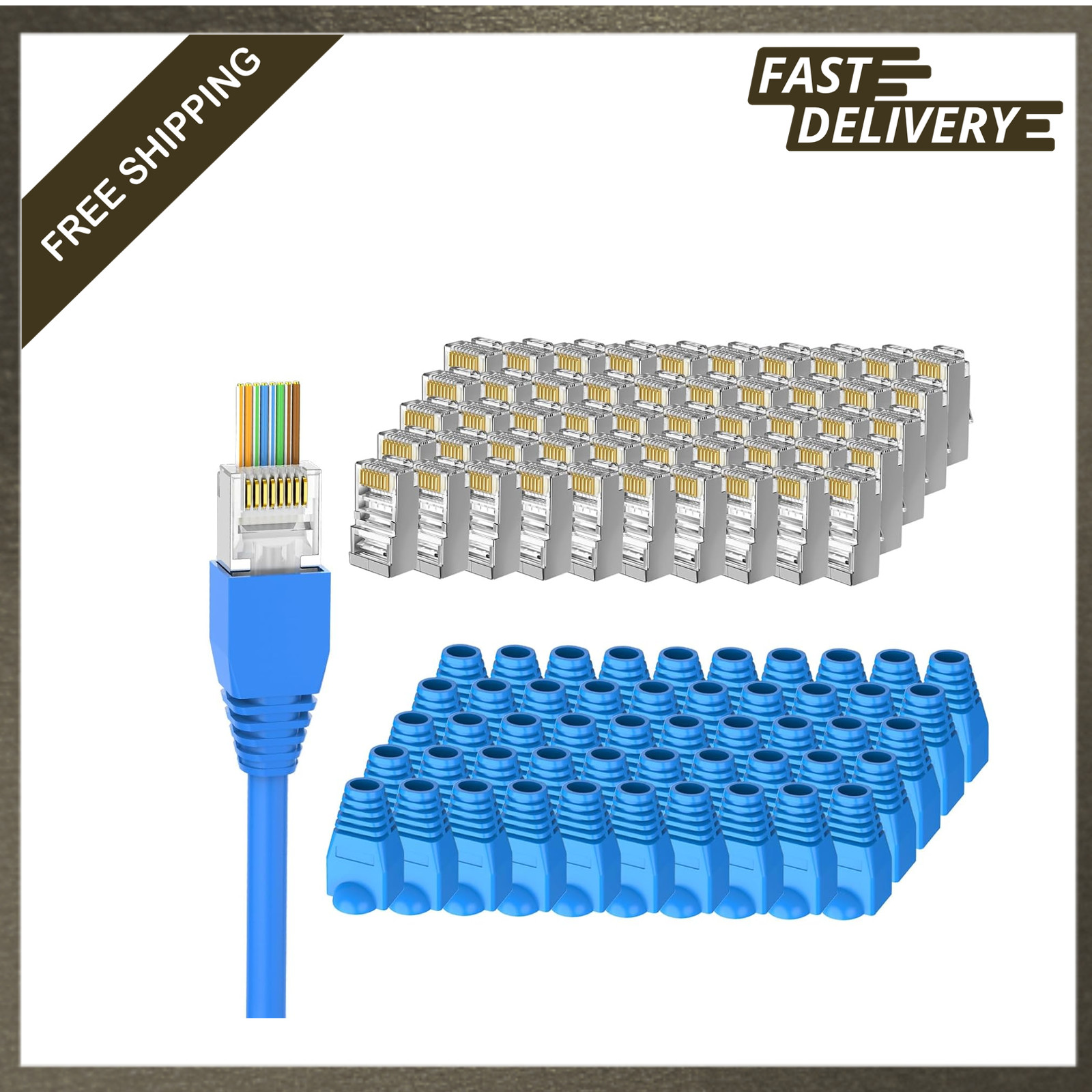 50 Pack Cat 6 Shielded Pass Through RJ45 Connectors with Strain Relief Boots