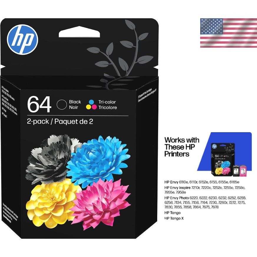 High Yield 64 Black and Tri-Color Ink Cartridges Compatible with HP Printers