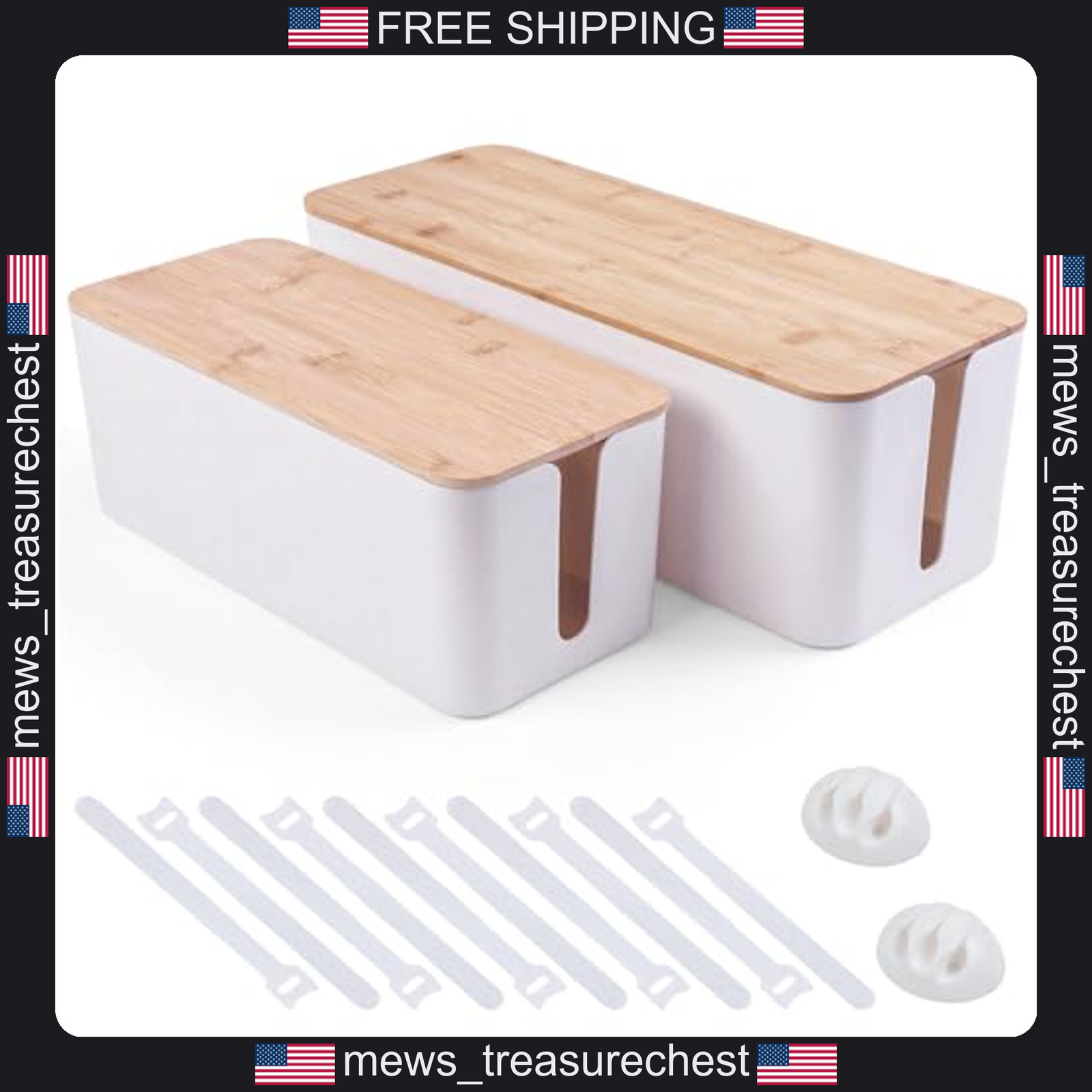 Cable Management Box Set with 2 Wooden-Style Organizers and Accessories