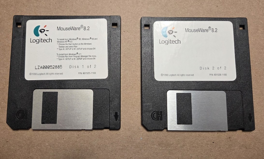 Logitech MouseWare 8.2 3.5" Floppy Disk Set 1 & 2 1998 Windows 95 98 NT