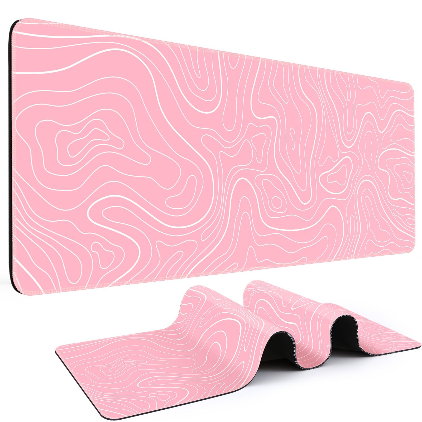 Pink White Topographic Line Gaming Mouse Pad 31.5x11.8 Inch Desk Mat Keyboard