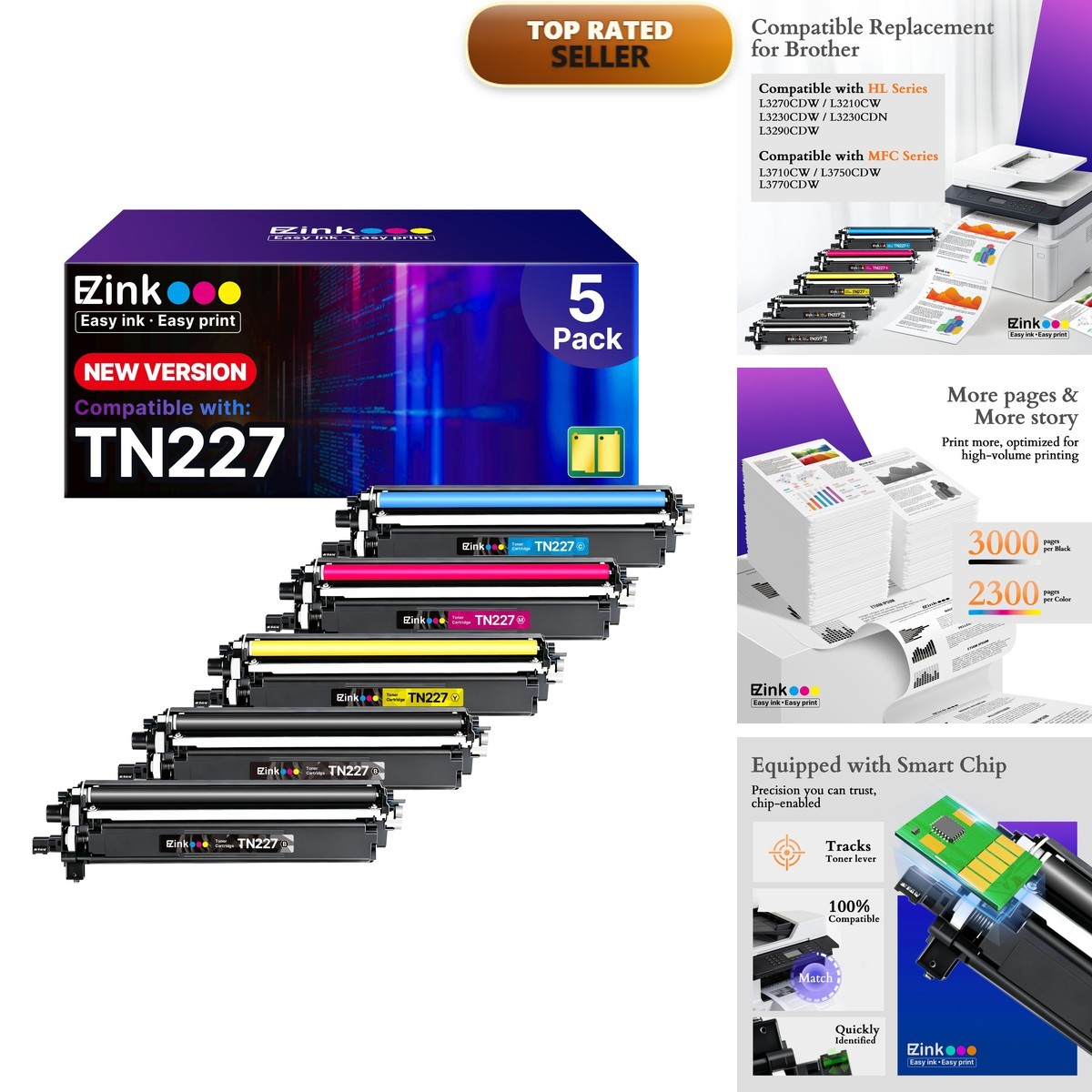 E-Z Ink TN227 High Yield Toner Cartridge 4-Pack BK/C/M/Y