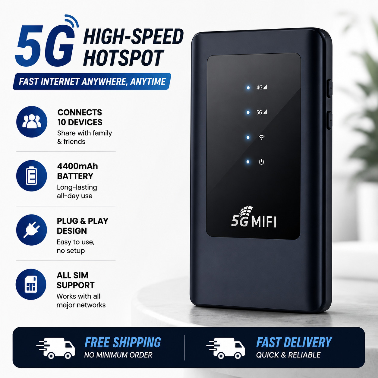 AUSHA 5G Portable WiFi Modem Hotspot Router All SIM Support 4400mAh High Speed
