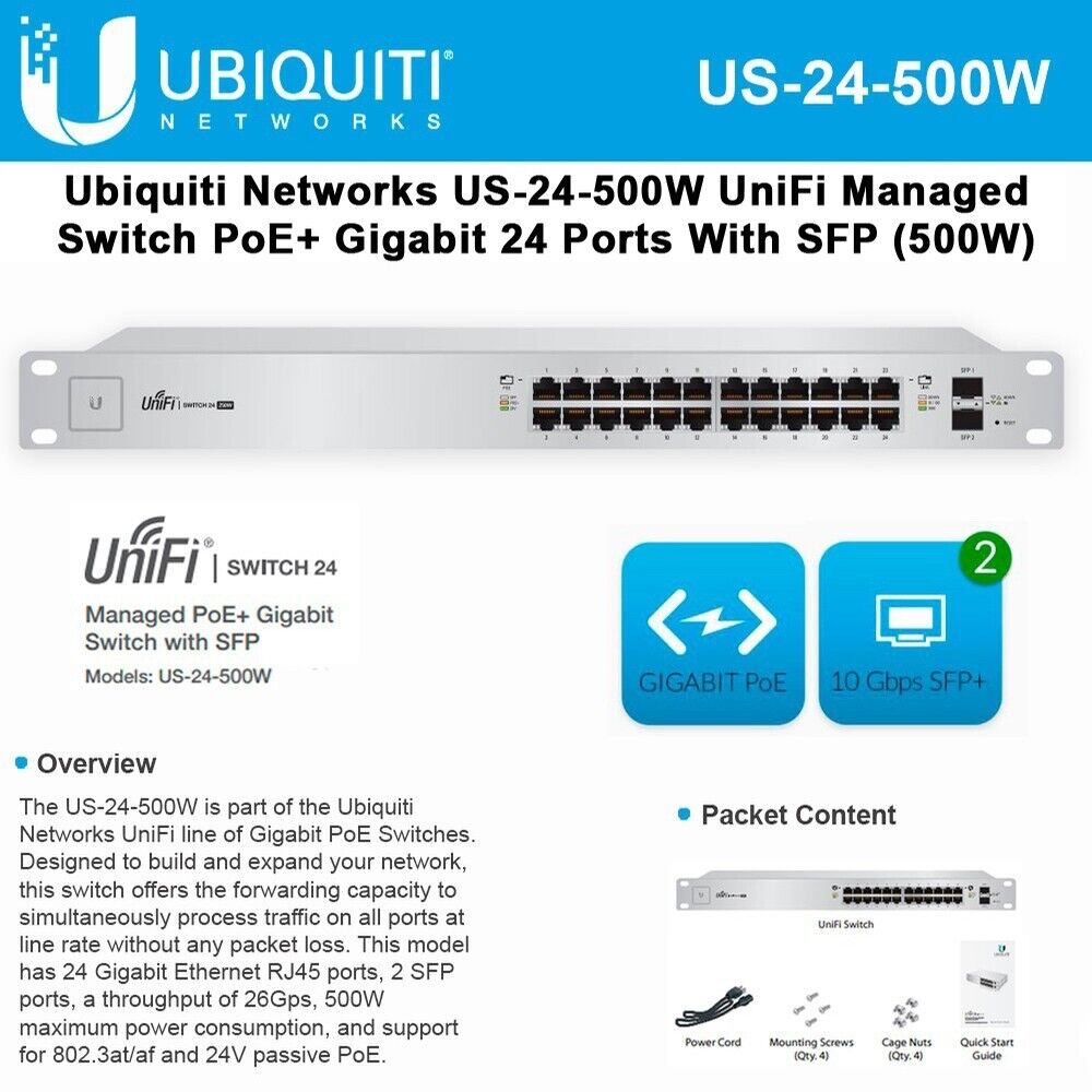 Ubiquiti UniFi Switch US-24-500W / 24 Port PoE Gigabit 500W + (2) 1G SFP ports
