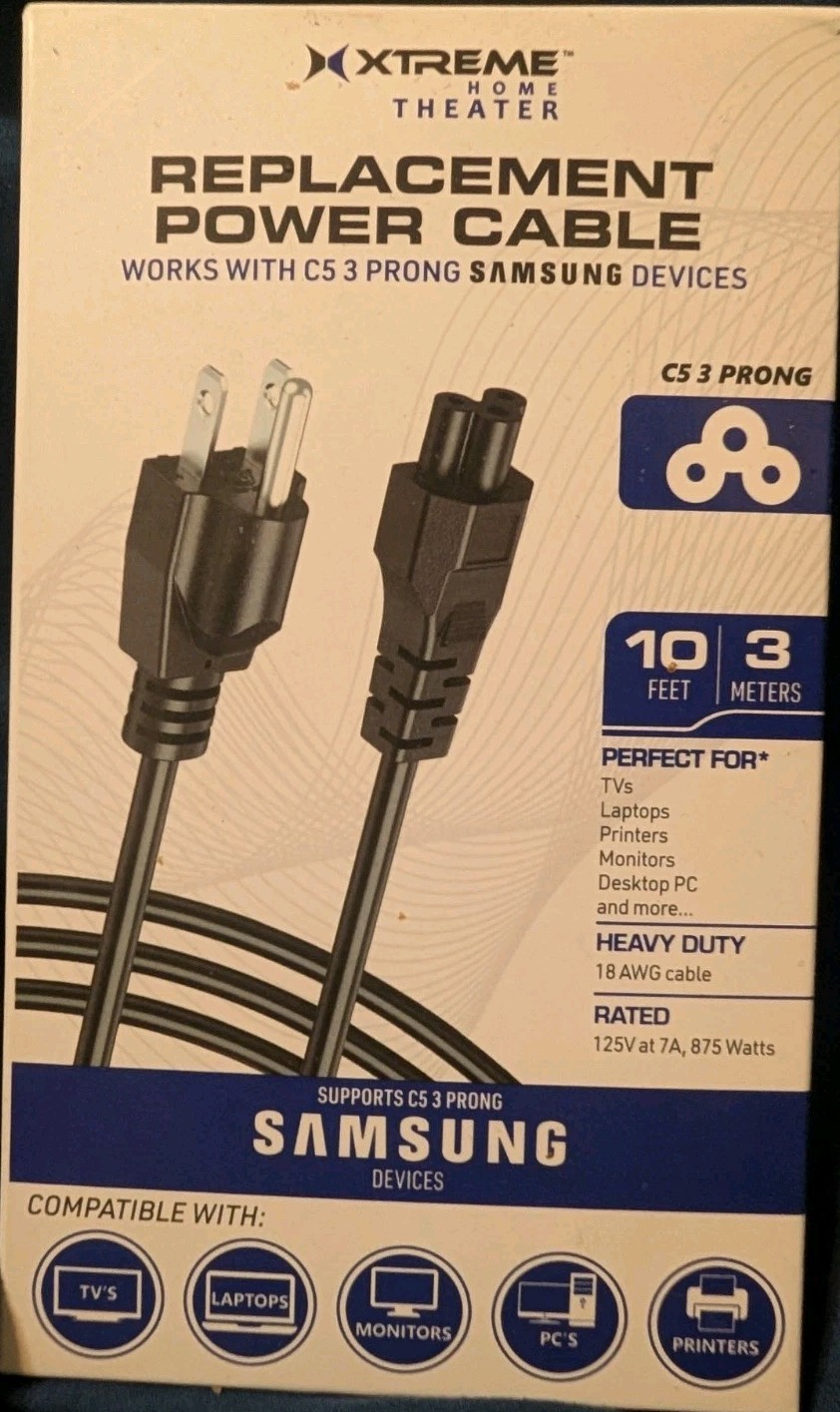 10 Ft Replacement Power Cable For SAMSUNG DEVICES C5 3 Prong 