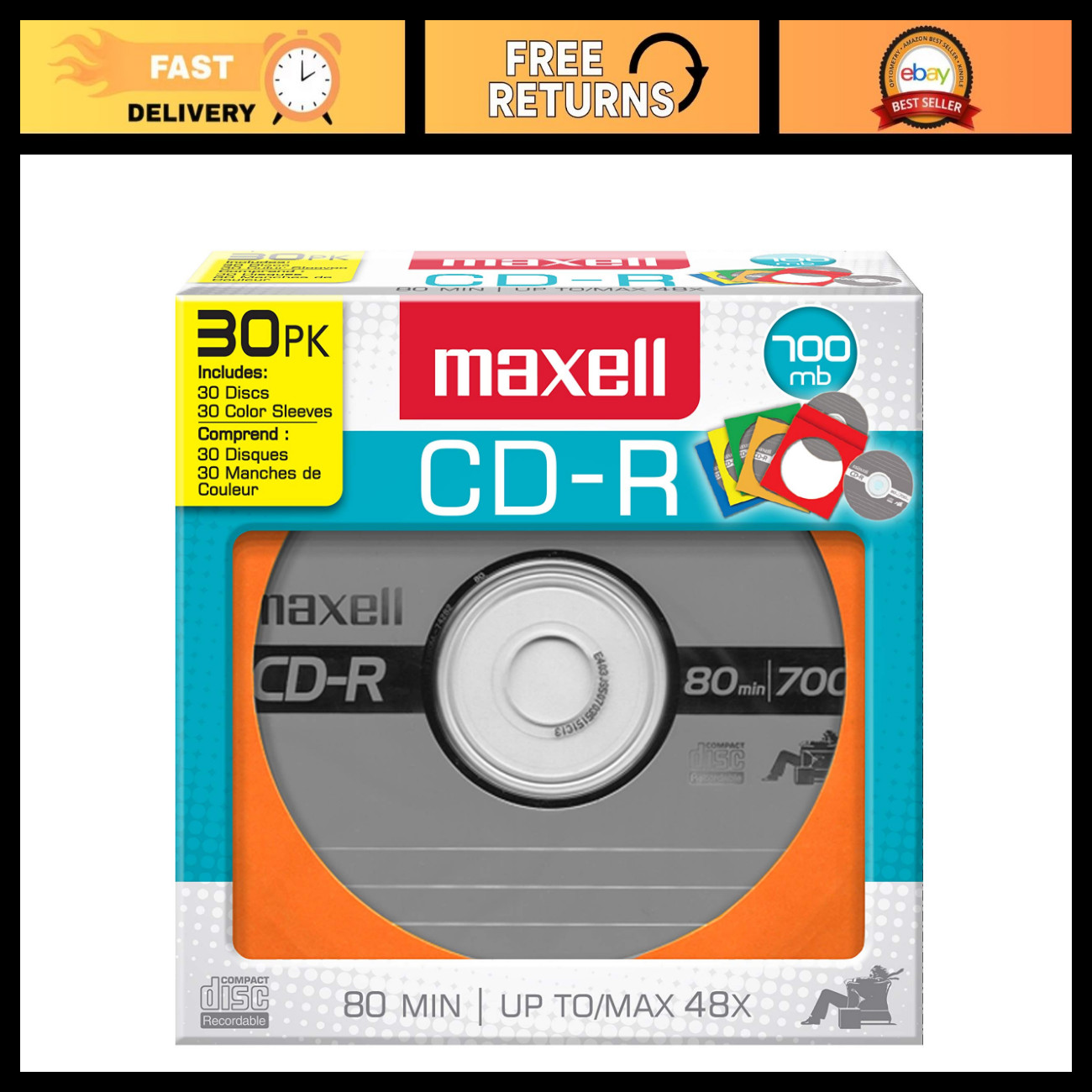 30 Pack CD-R Discs 700MB 80 Minutes Recording Time Blank Media for Music & Data