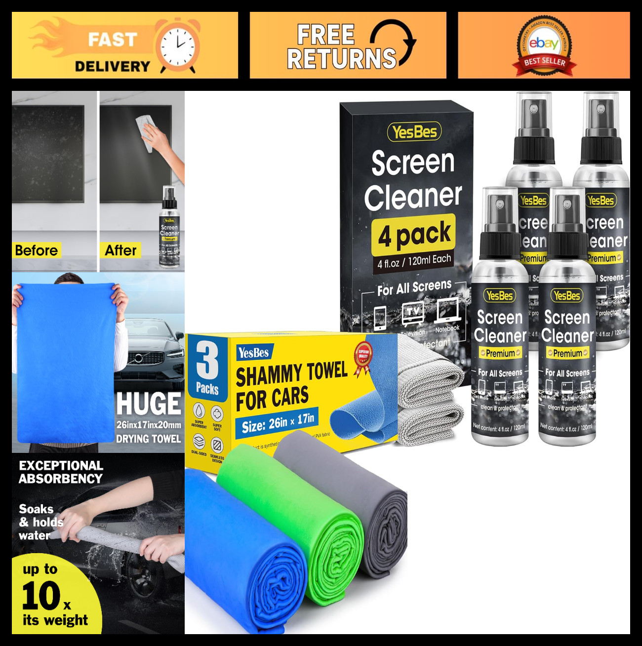 Screen Cleaner Spray 16oz (4 Pack) & 3 Premium Shammy Cloths for Car & Electroni