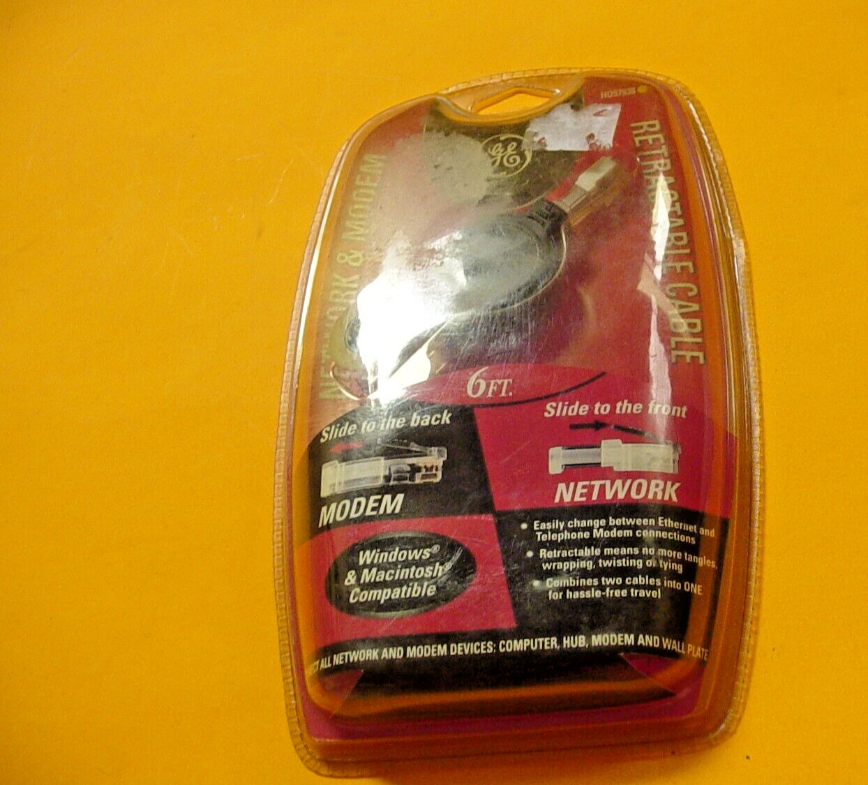 GE Network & Modem 6 Ft. Retractable Cable H097938 NOS Ethernet RJ4 +Telephone