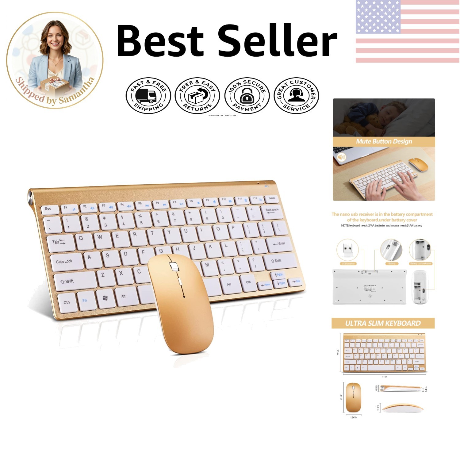 Stylish Gold Wireless Keyboard and Mouse Combo - Perfect for Windows Laptops