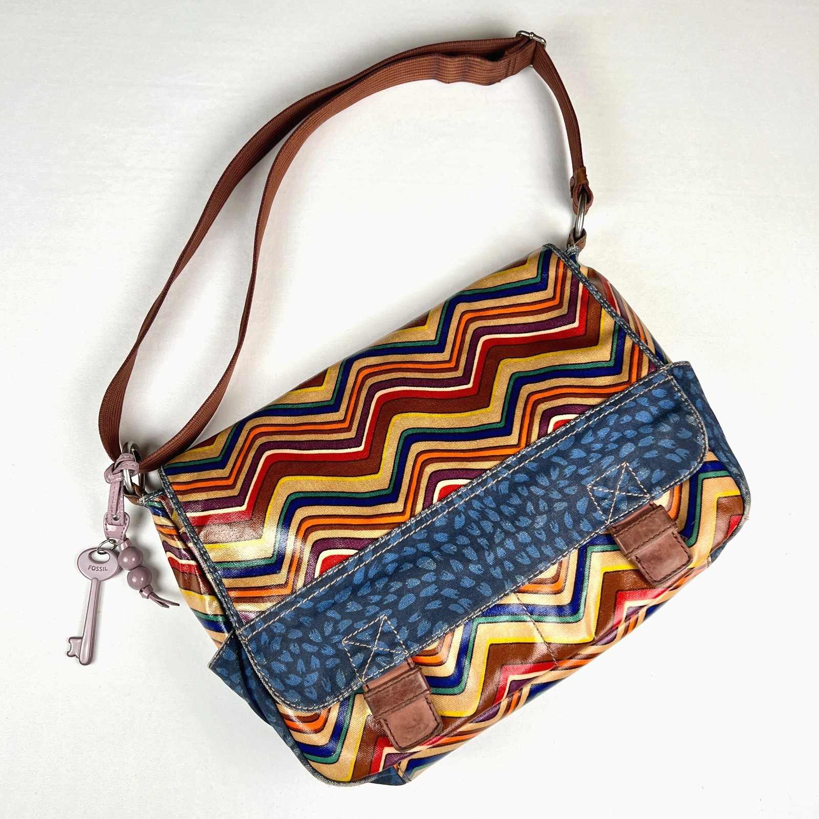 FOSSIL Key-Per Coated Canvas Multi-Color Chevron Striped Laptop Messenger Bag