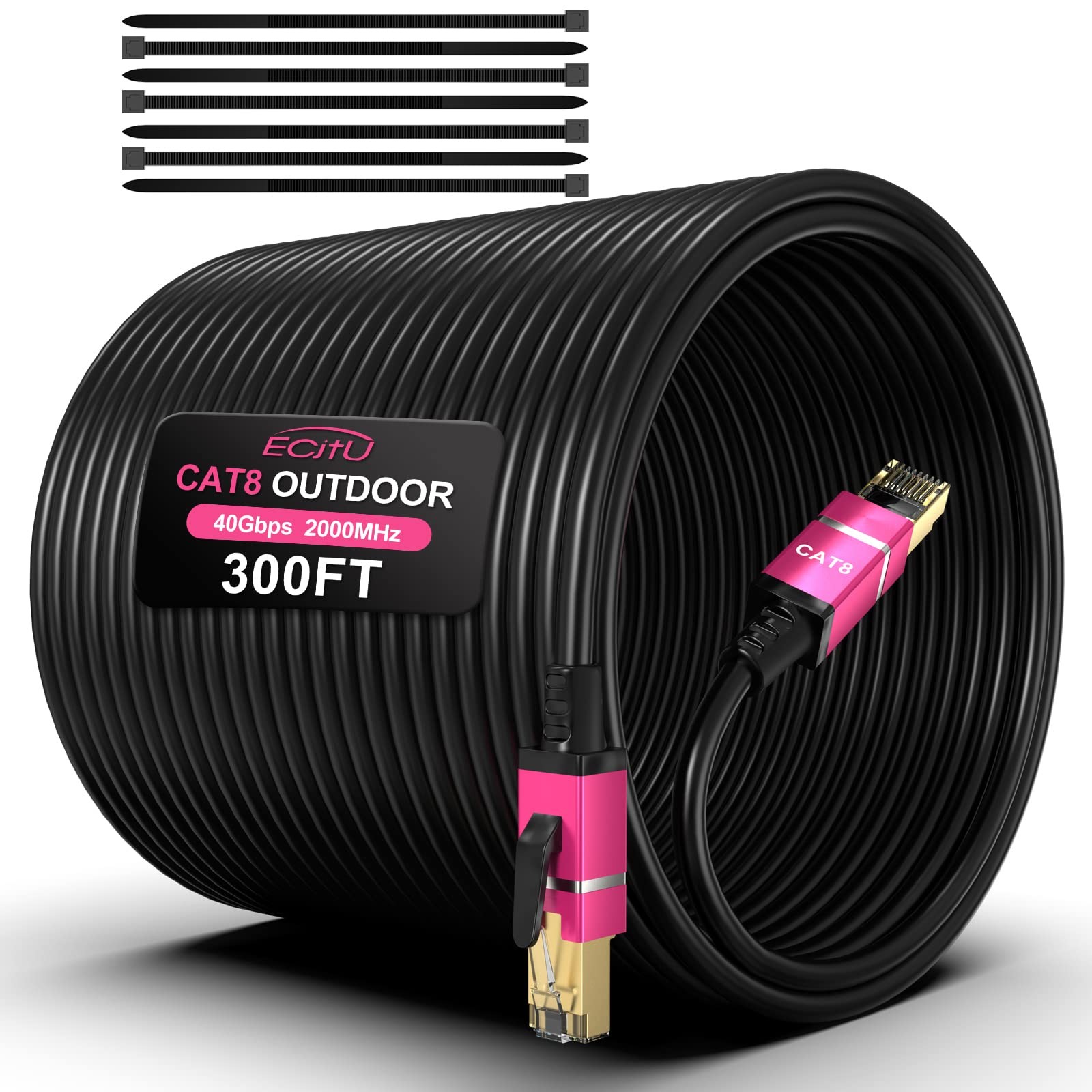 300FT Cat8 Outdoor Ethernet Cable, In-Ground, 26AWG Pure 300 Feet, Black 