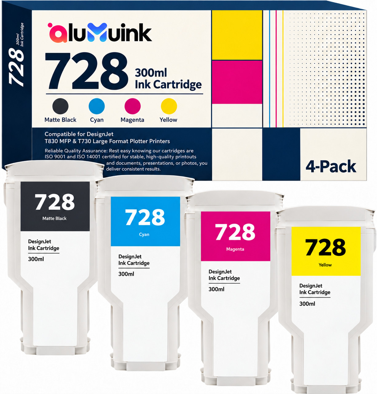 728 Ink Cartridge 4-Pack 300ml Compatible for DesignJet T730 DesignJet T830 MFP