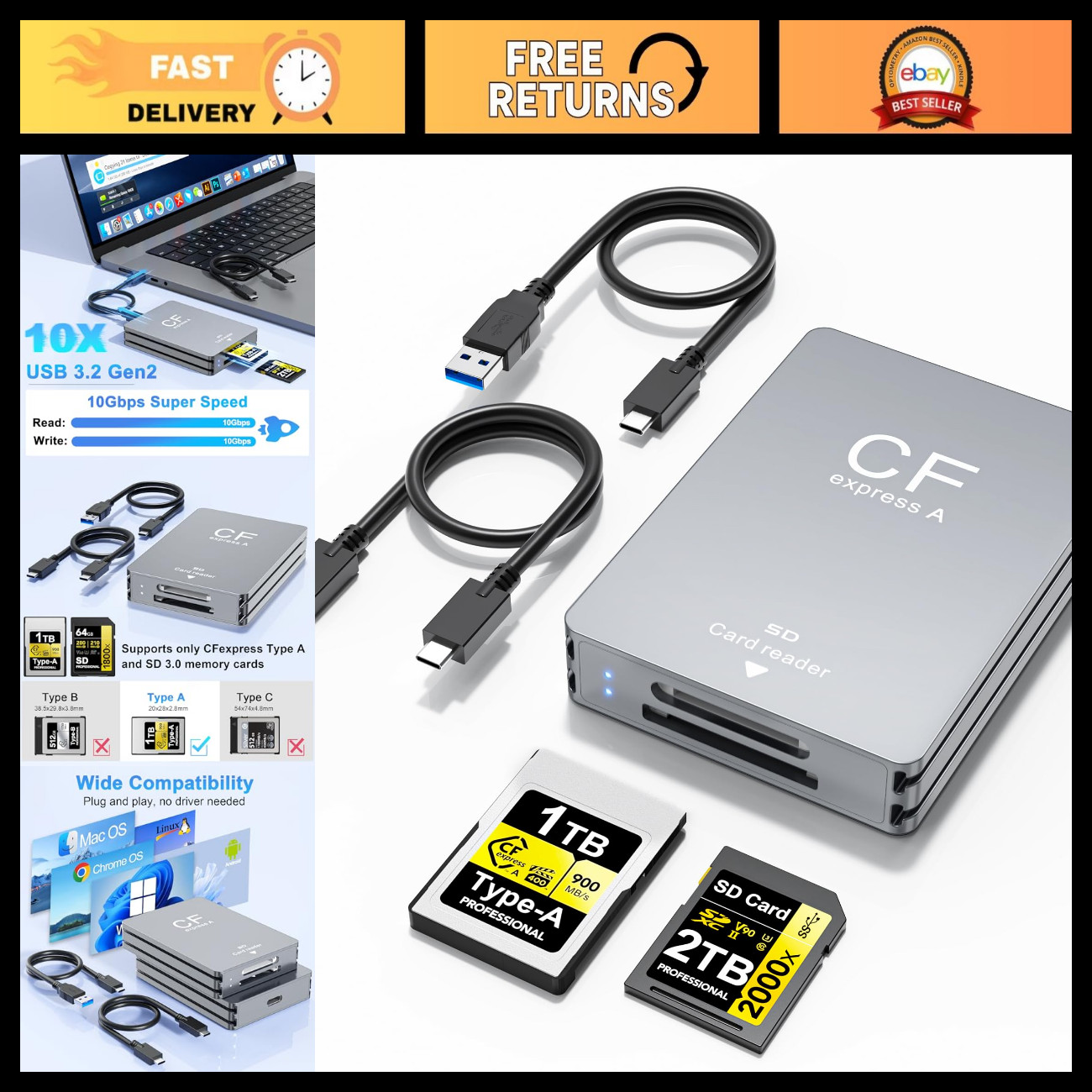 10Gbps CFexpress Type A & SD Card Reader USB-C USB-A 2-in-1 High-Speed Adapter